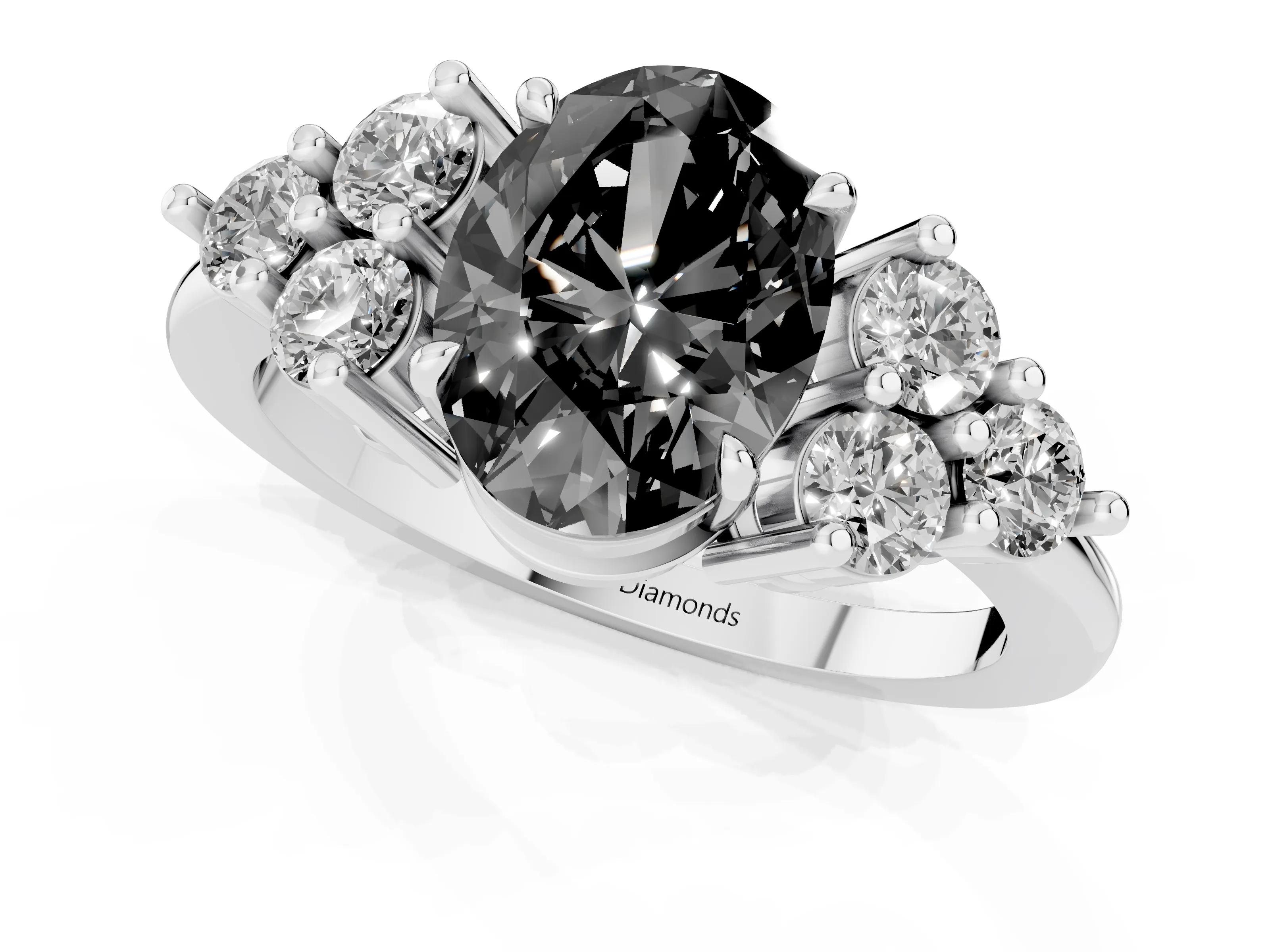Fancy Black Oval Cut Diamond Solitaire Ring Set in Silver with Cluster Accents on Each Side