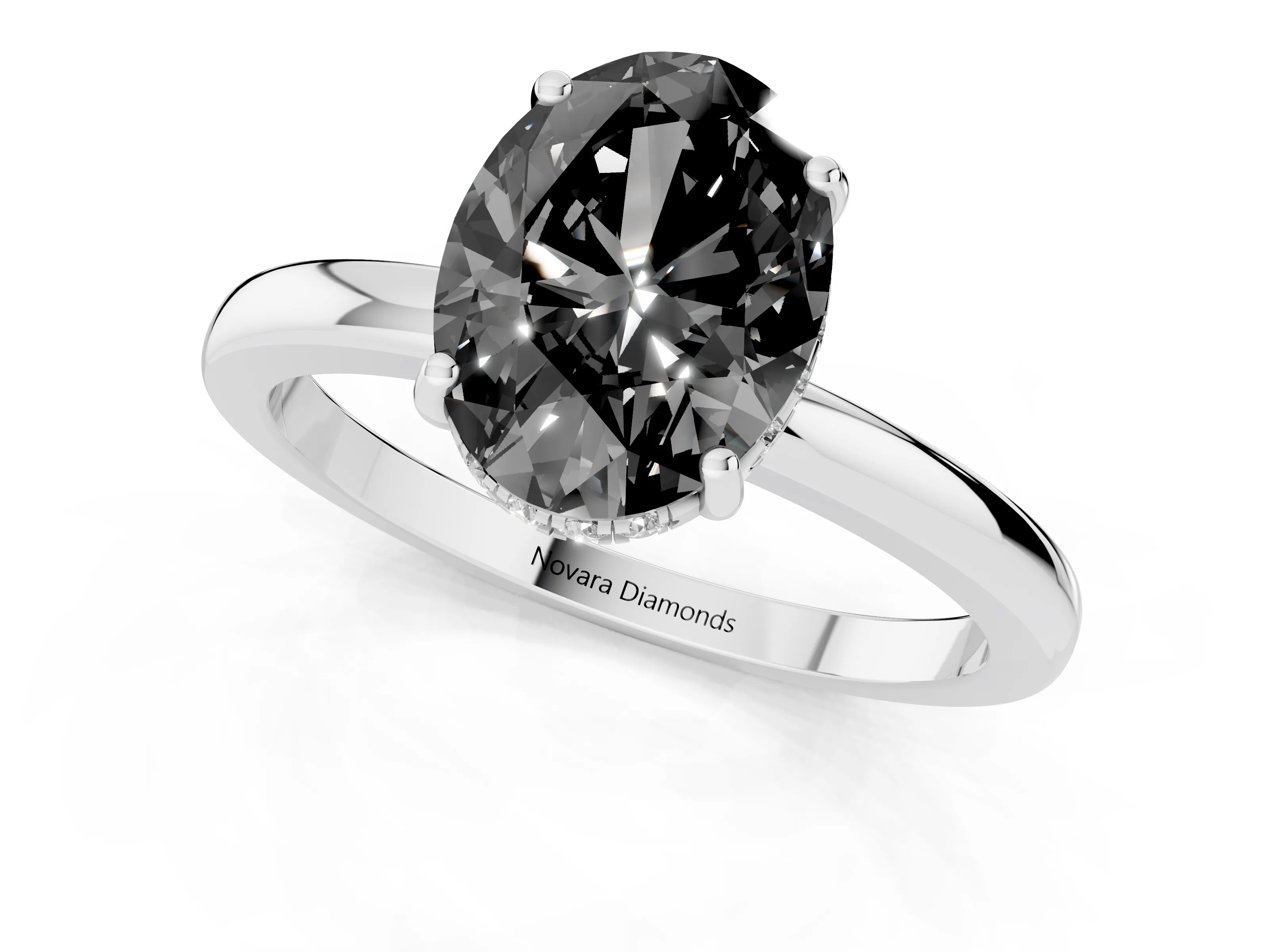 Fancy Black Oval Cut Diamond Solitaire Ring Set in White gold with Plain Band and Prong Setting