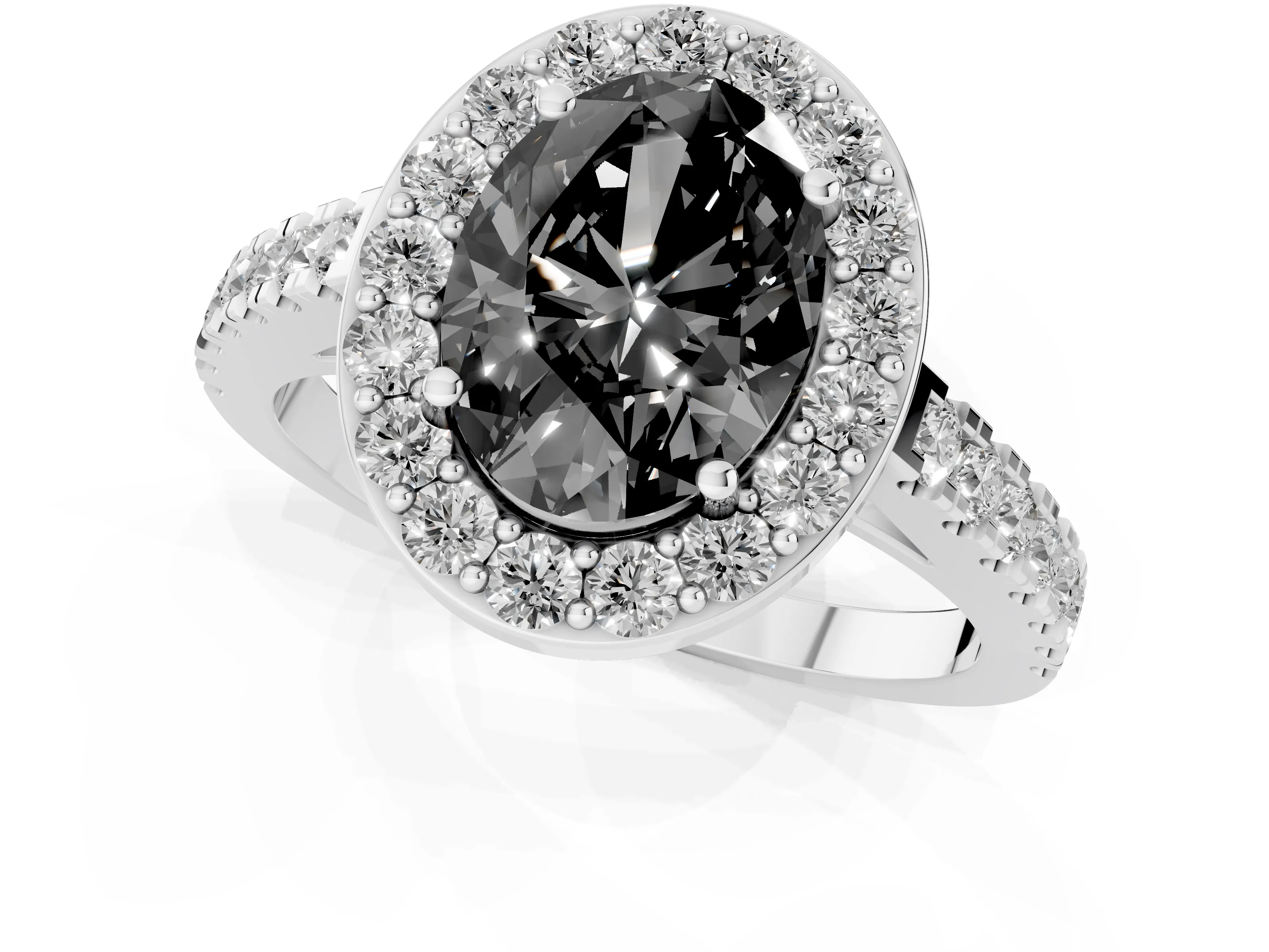 Fancy Black Oval Cut Diamond Halo Ring Set in Silver with Round Pavé Split Shank and Prong Setting