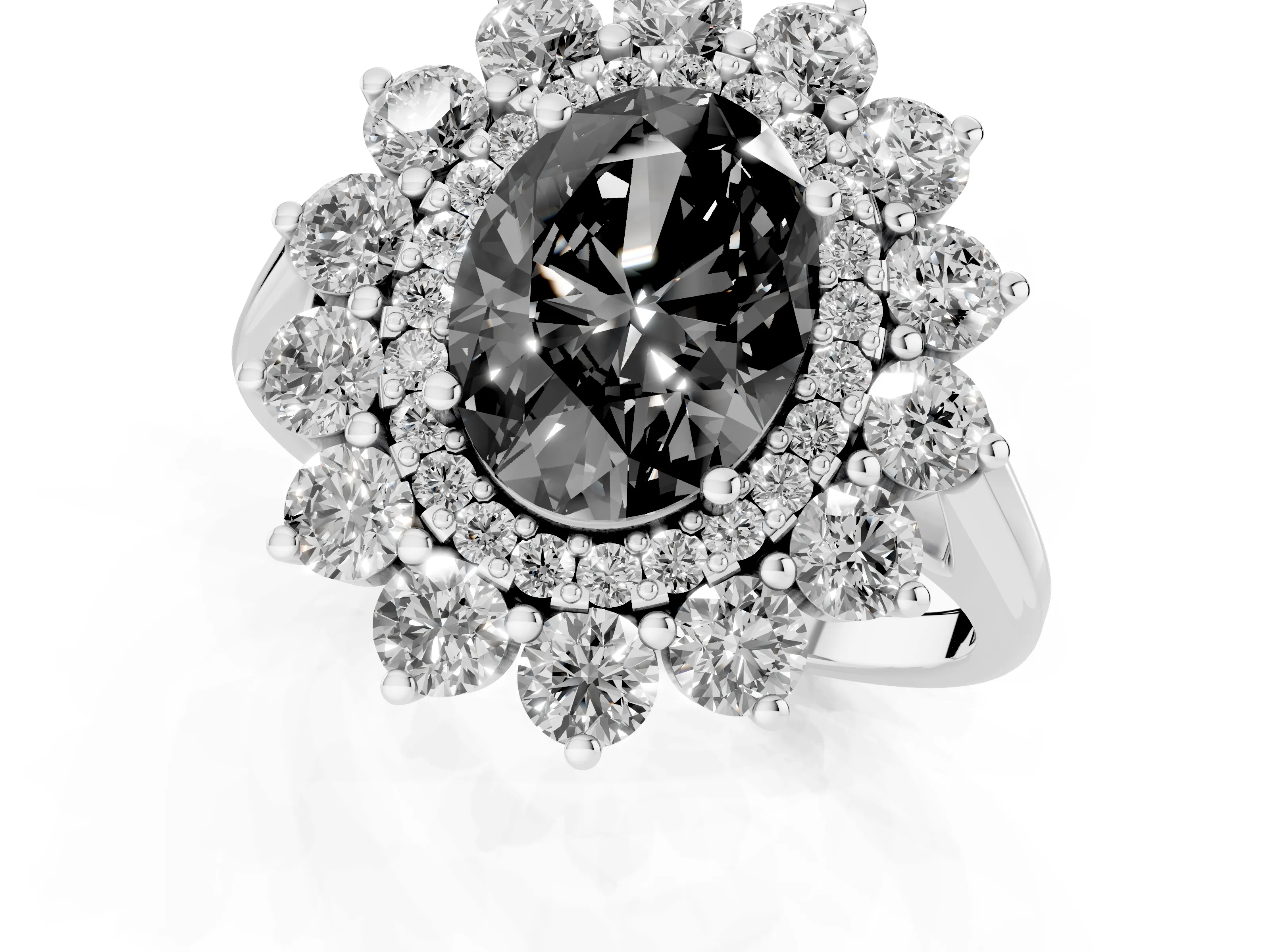 Fancy Black Oval Cut Diamond Floral Double Halo Ring Set in White gold with Round Petals