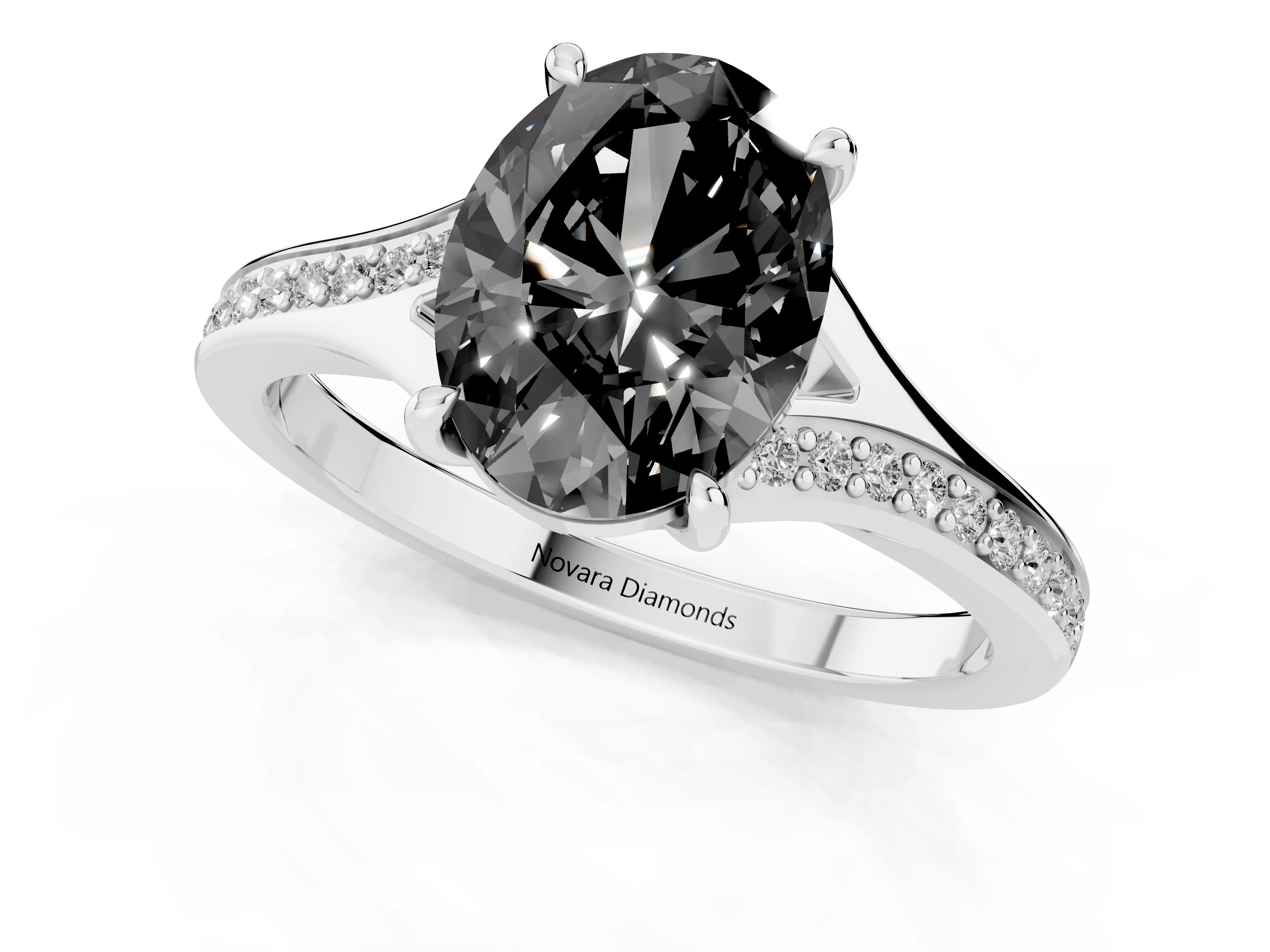 Fancy Black Oval Cut Diamond Solitaire Ring Set in Silver with Pavé Accent Band and Classic Prong Setting