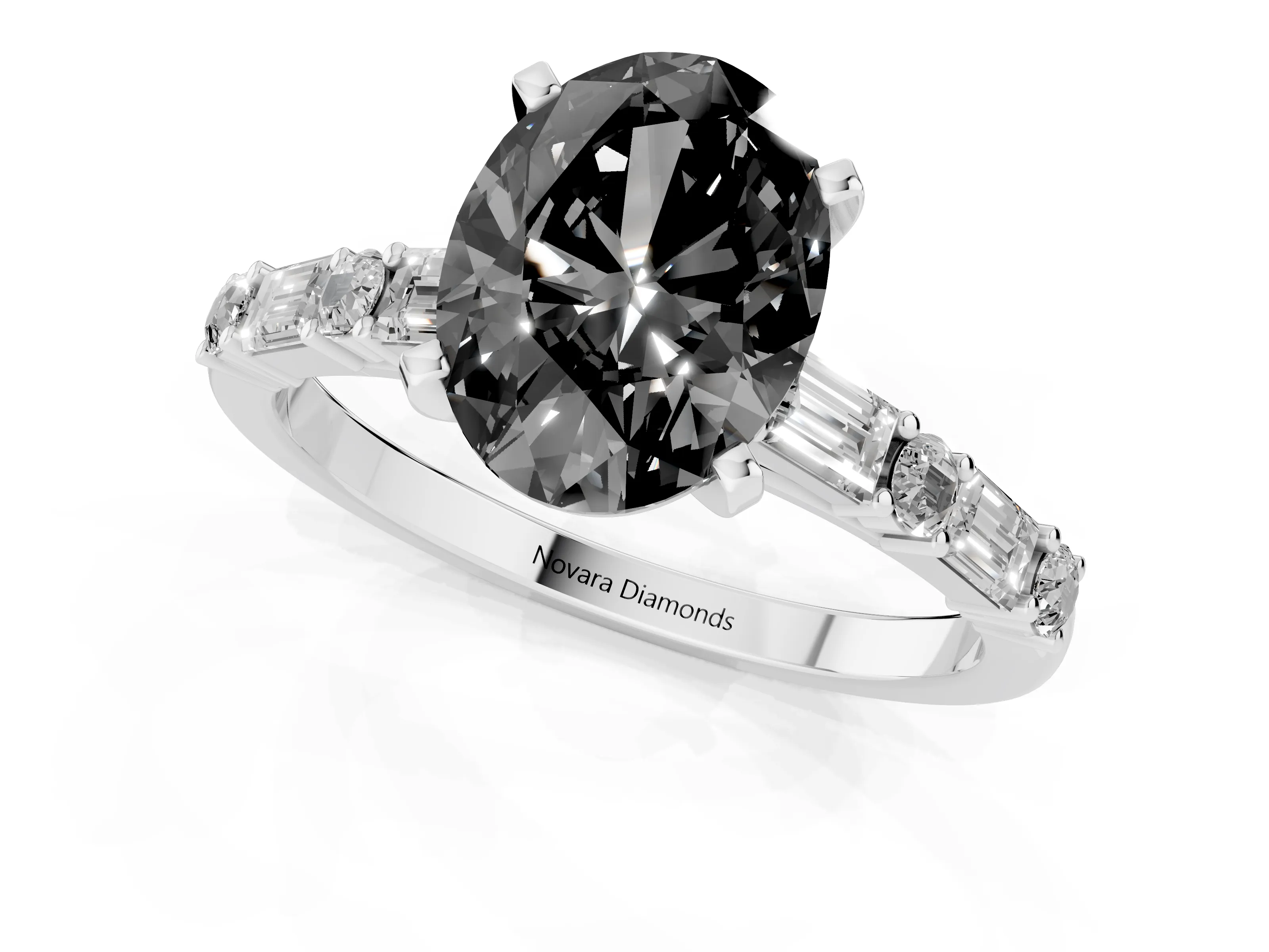 Fancy Black Oval Cut Diamond Solitaire Set in Silver with Side Baguettes and Channel Set Band