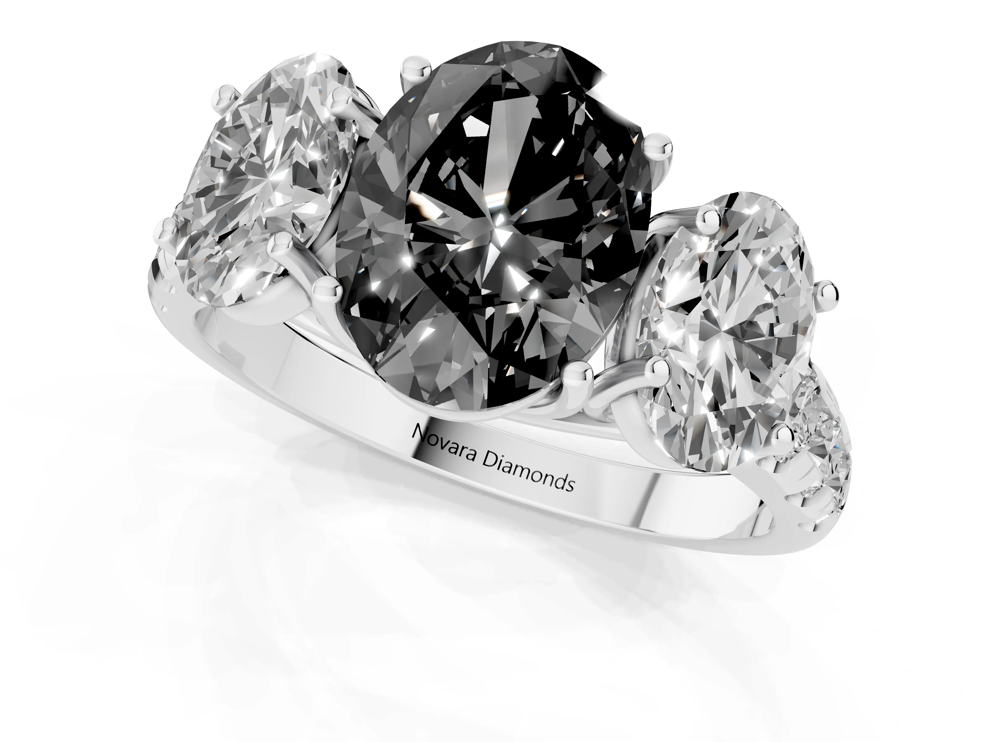 Fancy Black Oval Cut Diamond Three-Stone Ring Set in Platinum with Pavé Band