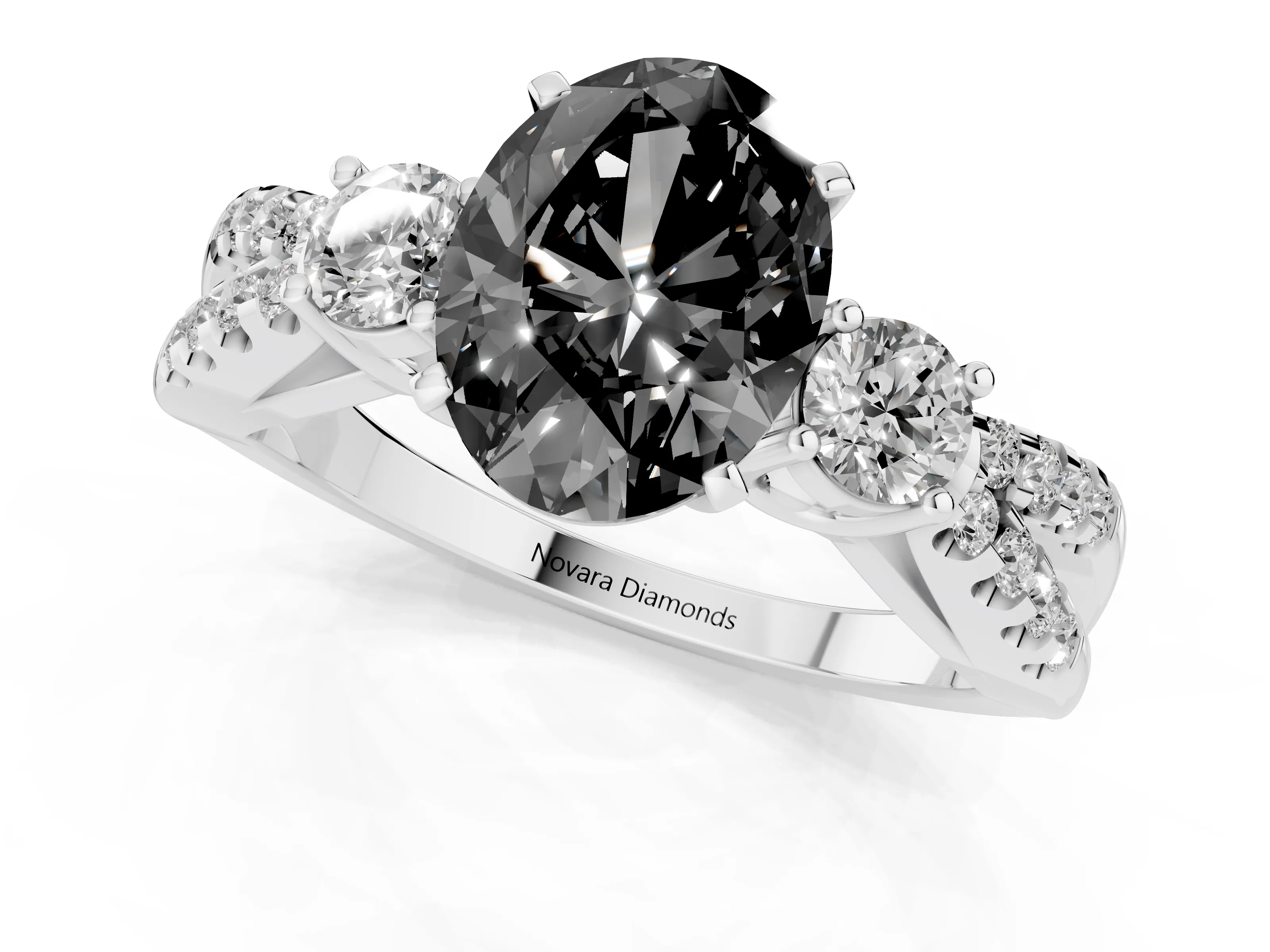 Fancy Black Oval Cut Diamond Three-Stone Ring Set in Silver with Pavé Split Shank and Prong Setting