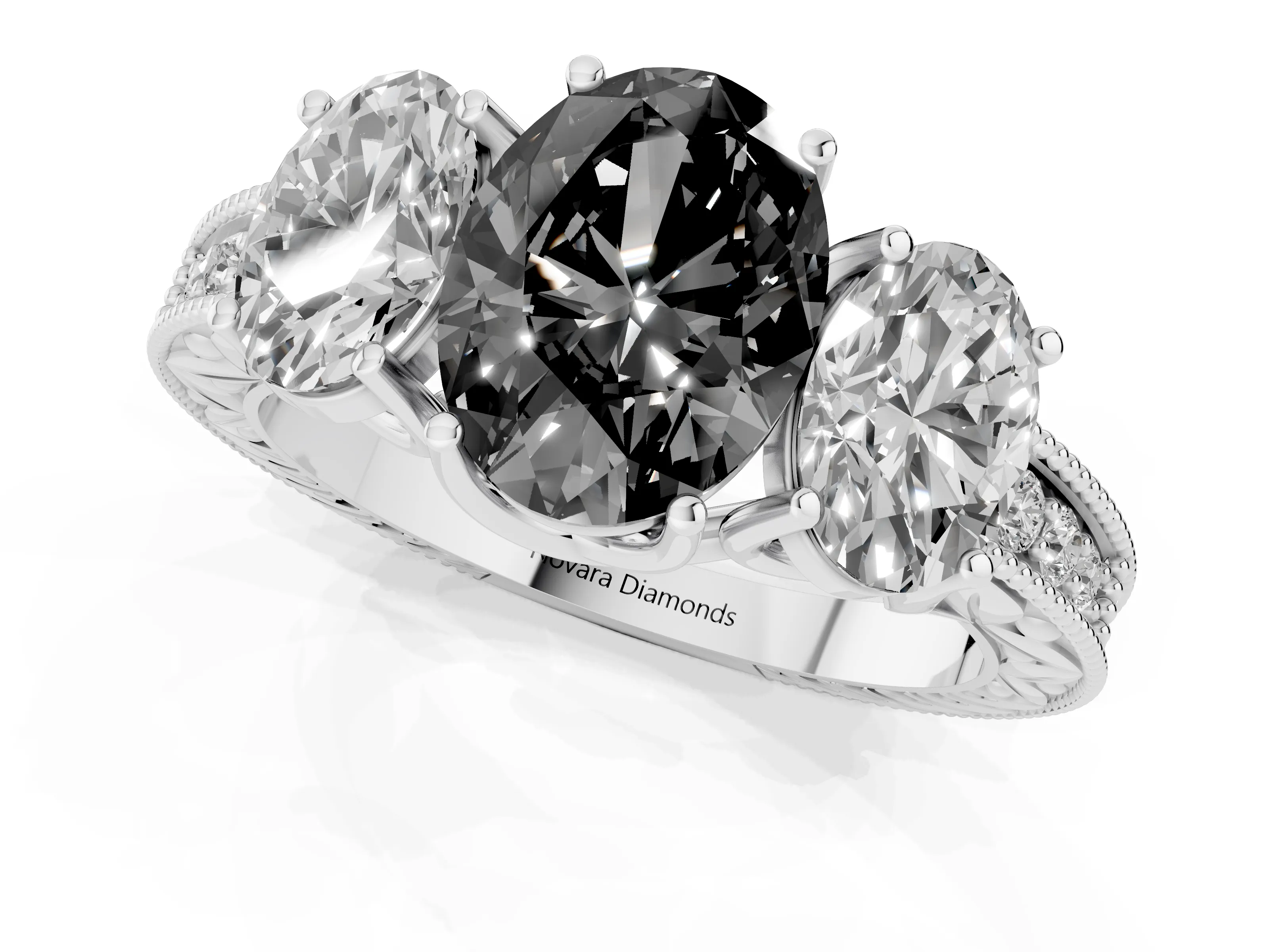 Fancy Black Oval Cut Diamond Three-Stone Engagement Ring Set in Platinum with Milgrain Pavé Band