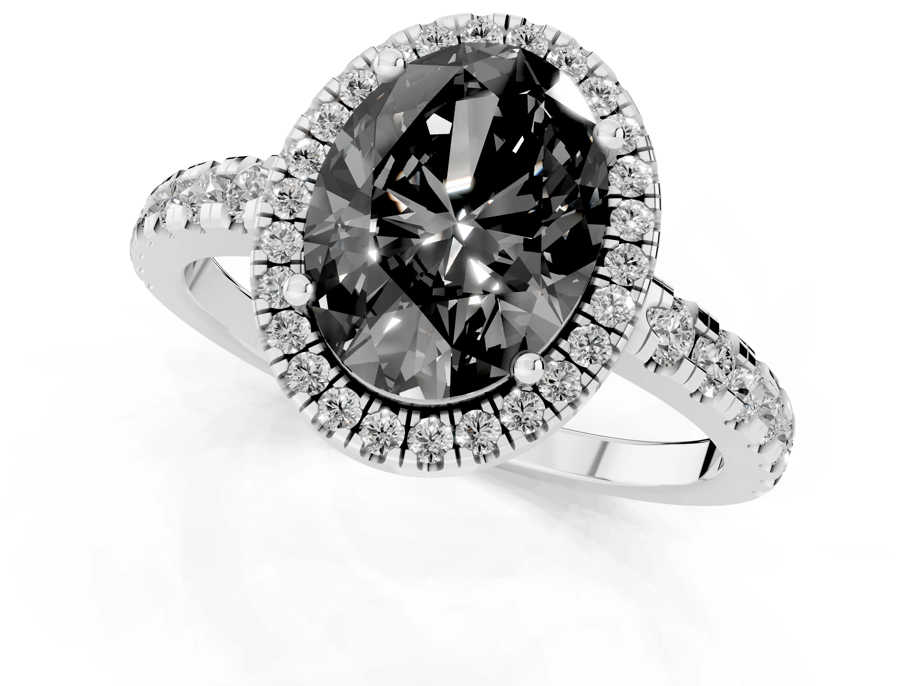 Fancy Black Oval Cut Diamond Halo Ring Set in Silver with Delicate Pavé Band and Prong Setting
