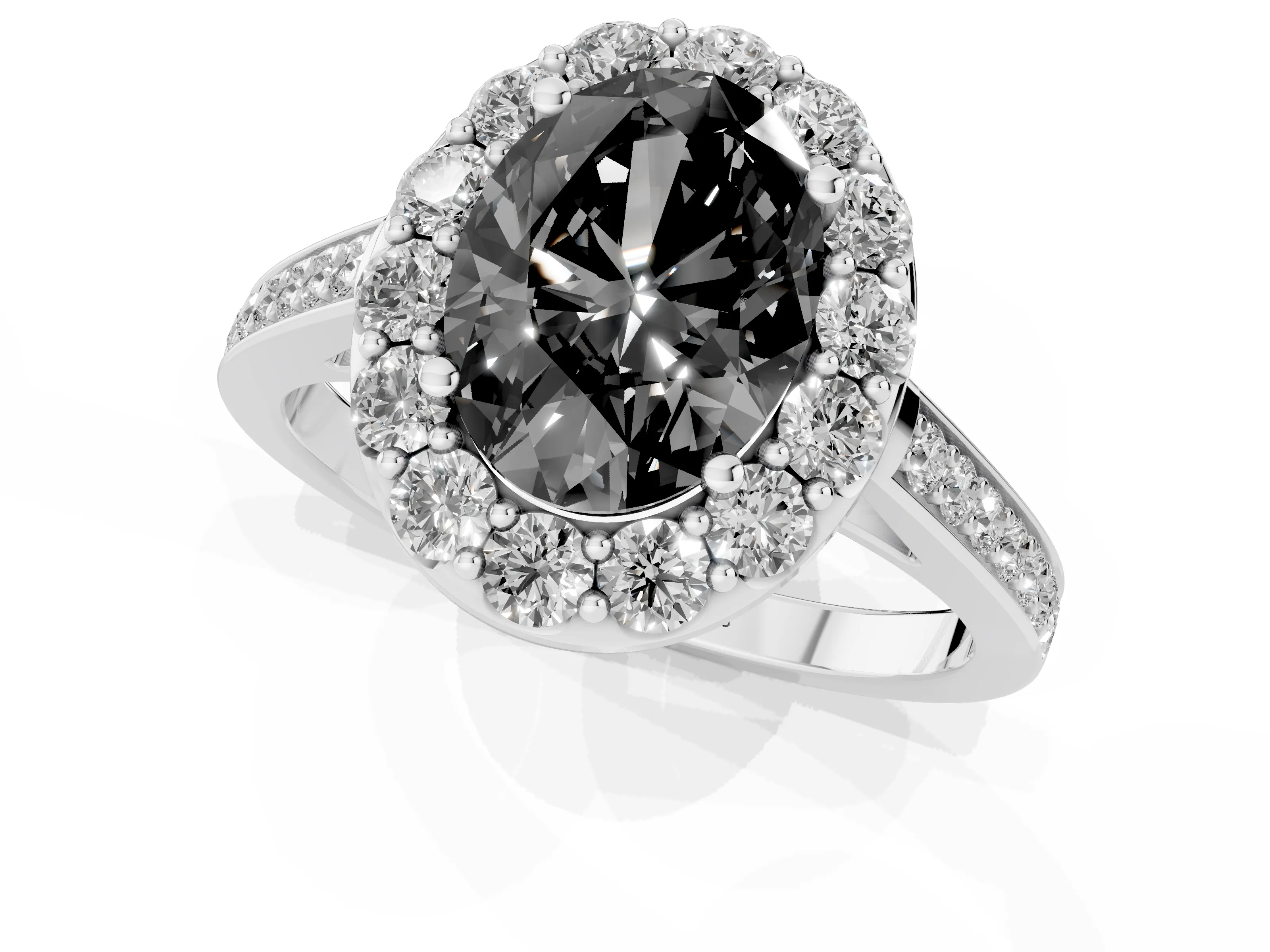 Fancy Black Oval Cut Diamond Floral Halo Ring Set in Silver with Pavé Band and Prong Setting