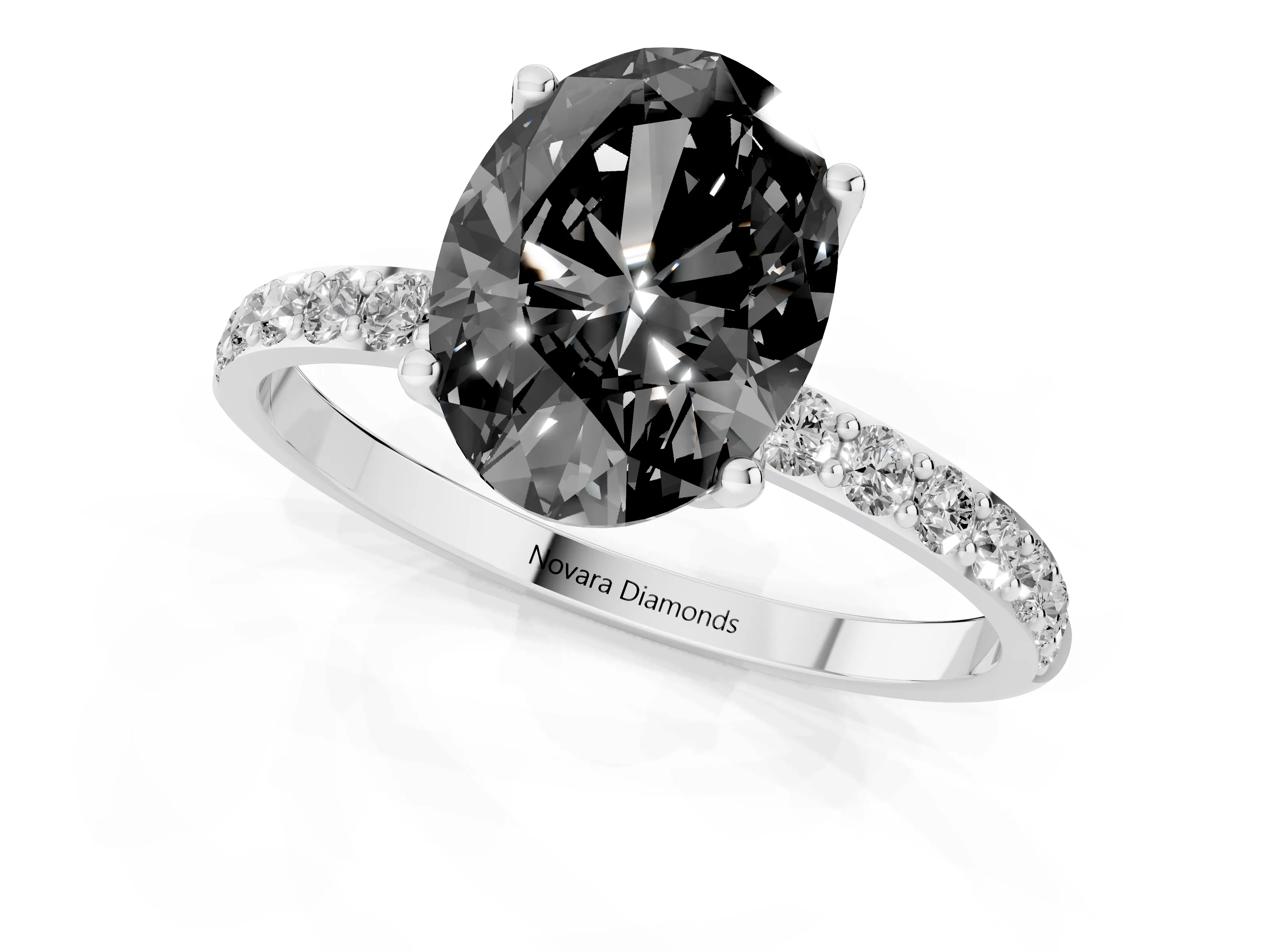 Fancy Black Oval Cut Diamond Solitaire Engagement Ring Set in Silver with Round Pavé Band and Prong Setting