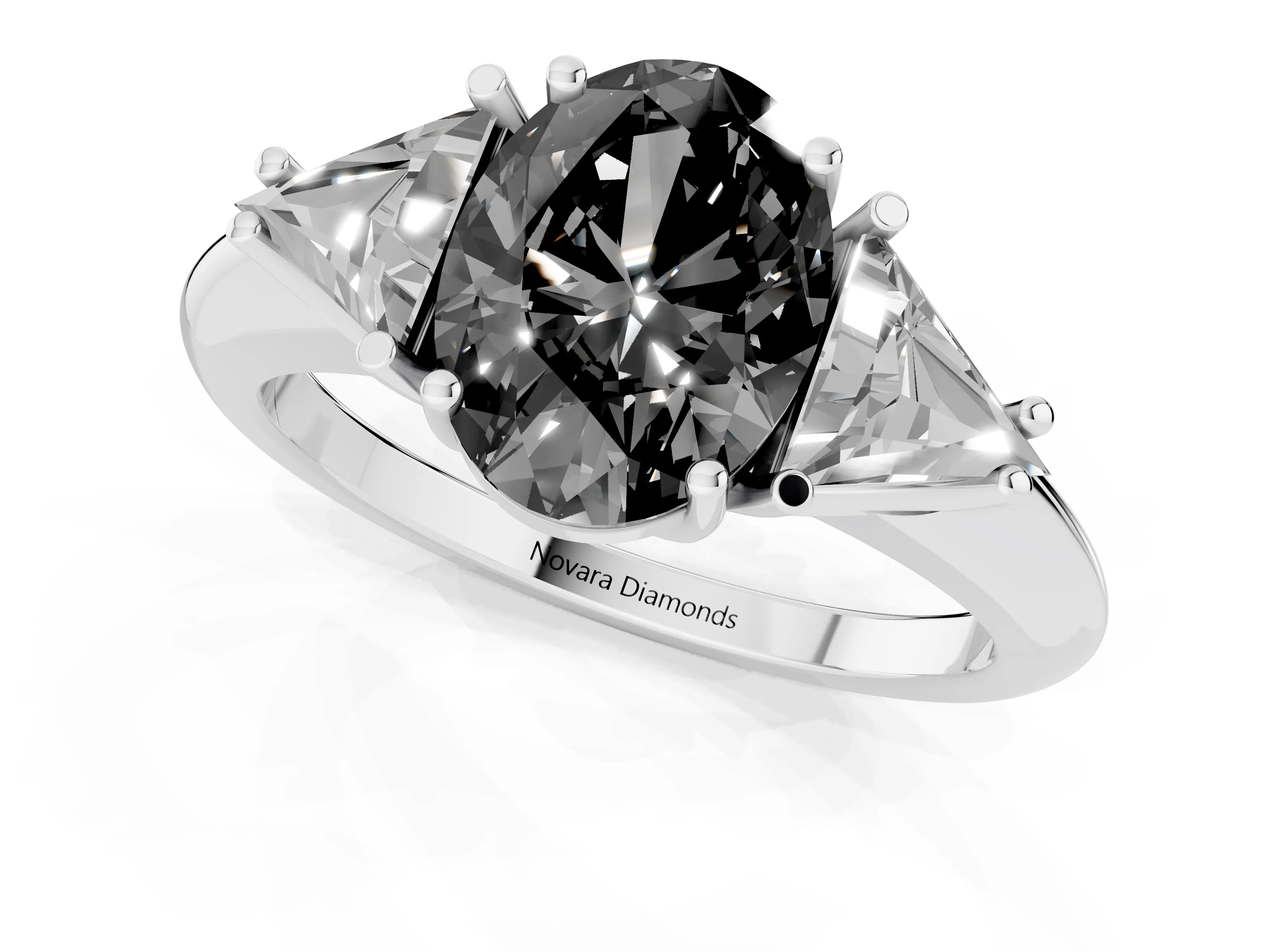 Fancy Black Oval Cut Diamond Three-Stone Engagement Ring Set in Platinum with Trillion Side Stones