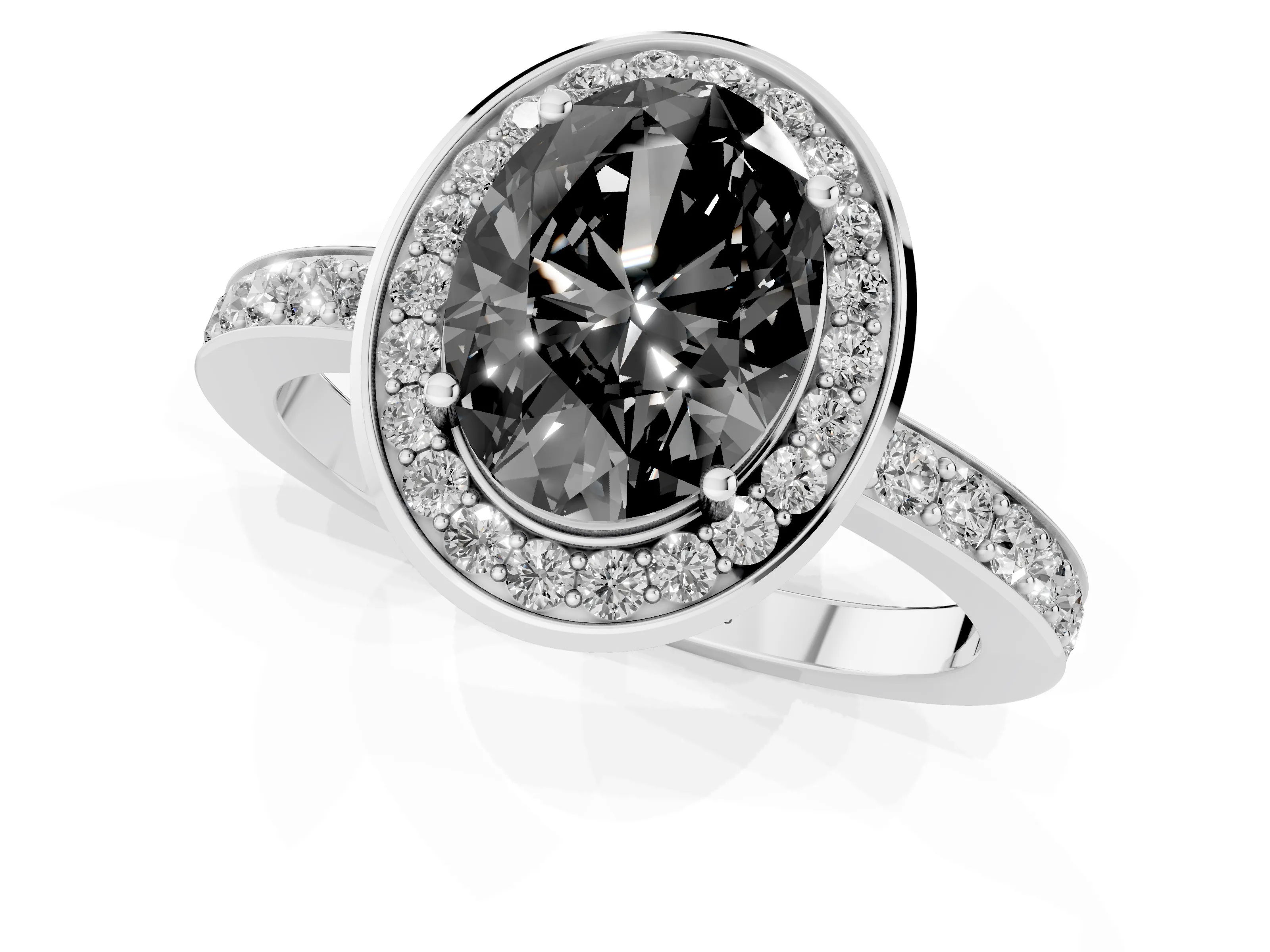 Fancy Black Oval Cut Diamond Halo Ring Set in Platinum with Bezel Frame and Pavé Band