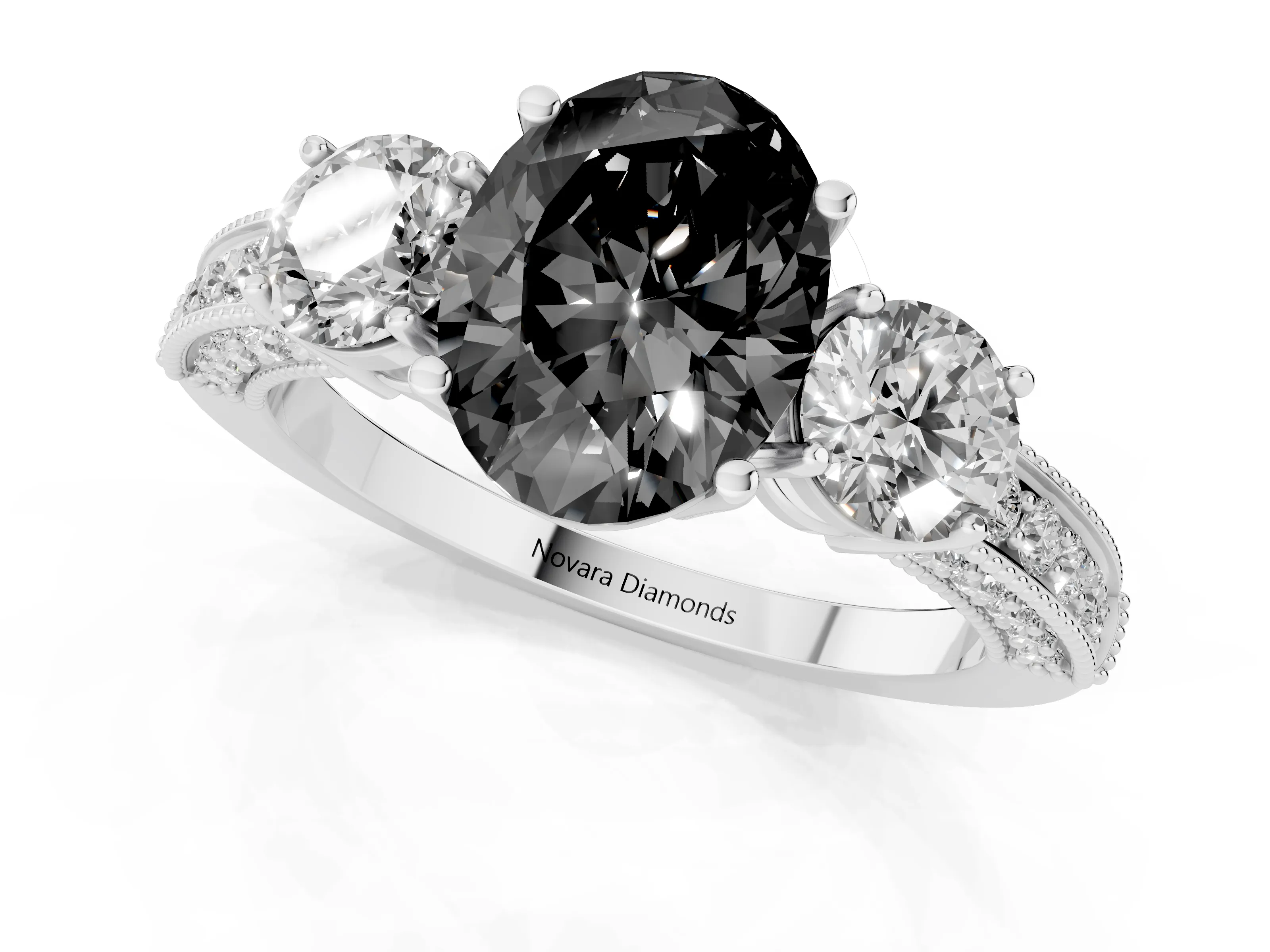Fancy Black Oval Cut Diamond Three-Stone Ring Set in Silver with Round Side Stones and Pavé Band