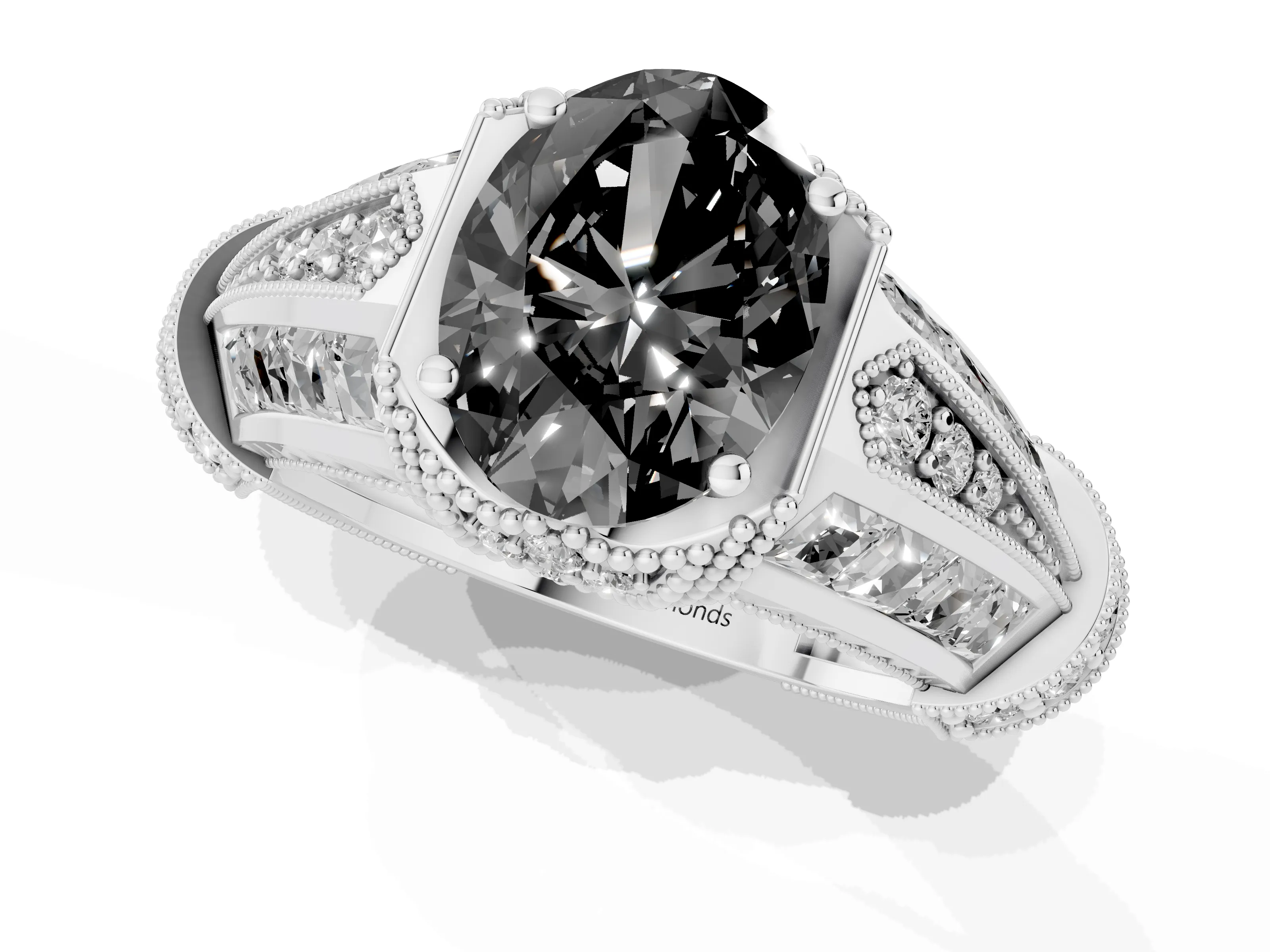 Fancy Black Oval Cut Diamond Vintage-Inspired Milgrain Ring Set in Silver with Accent Split Shank
