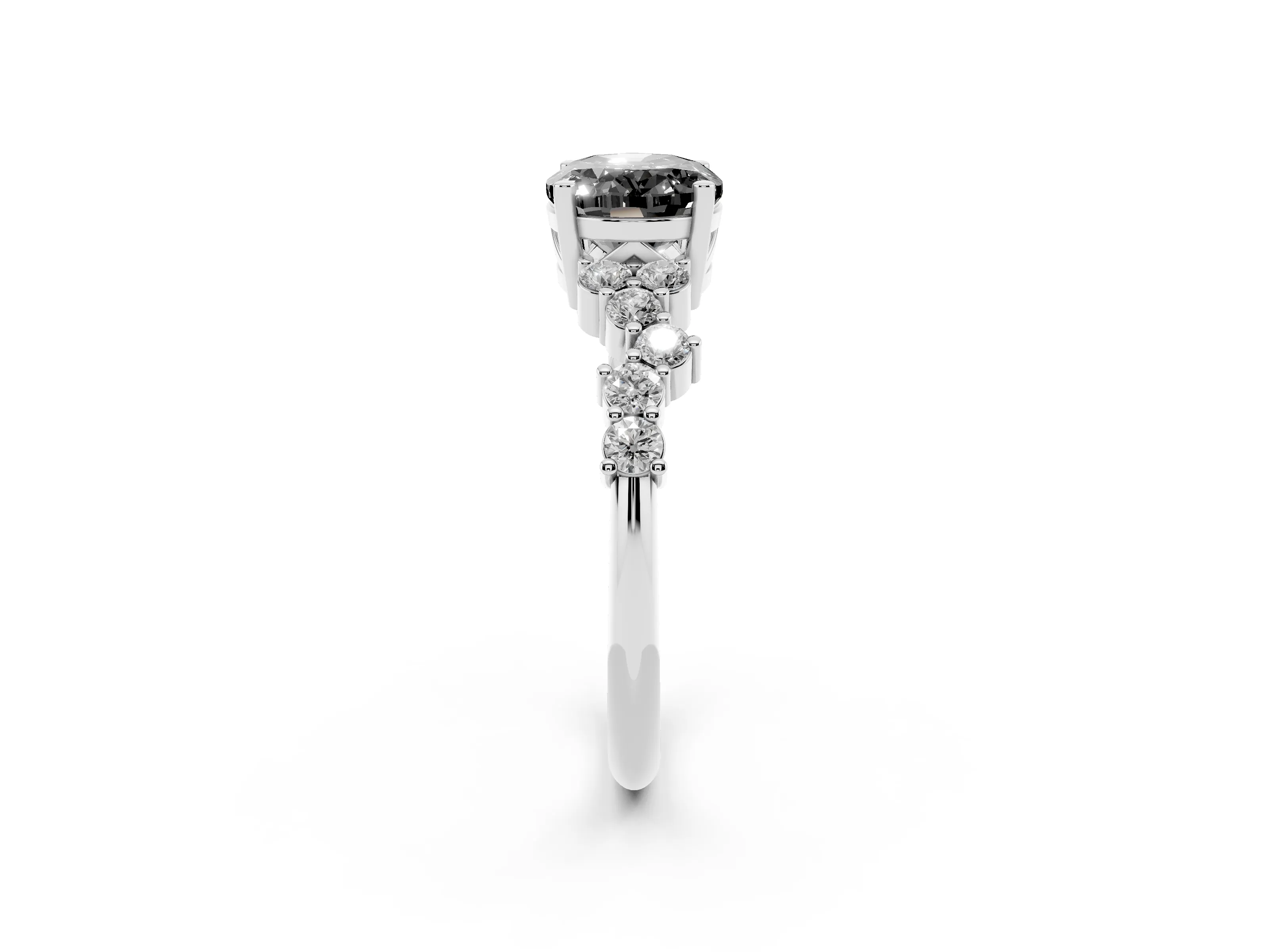 Fancy Black Oval Cut Diamond Ring Set in Silver with Scattered Round Accents