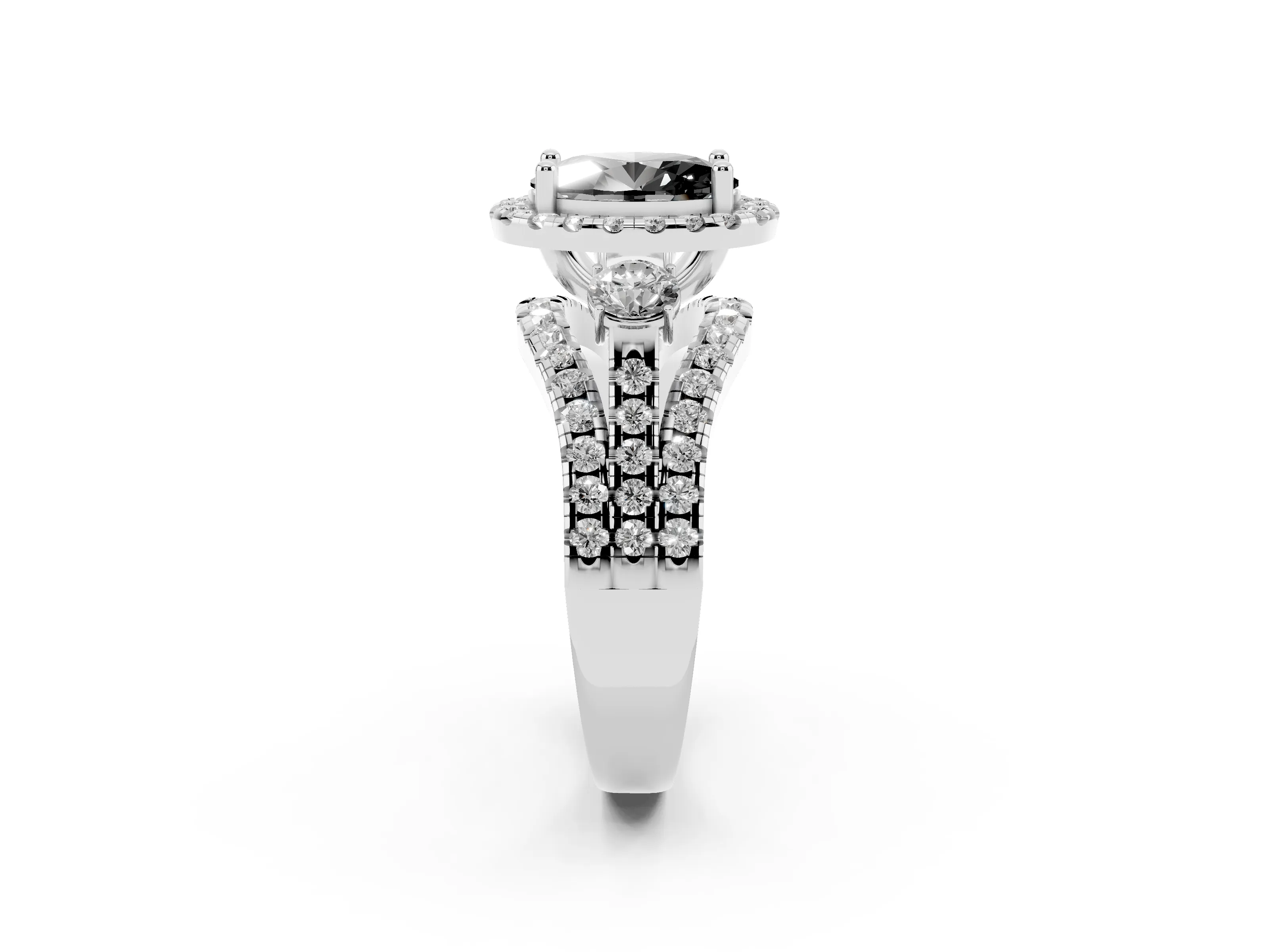Fancy Black Oval Cut Diamond Halo Split Shank Ring Set in Platinum with Round Accent Stones and Prong Setting