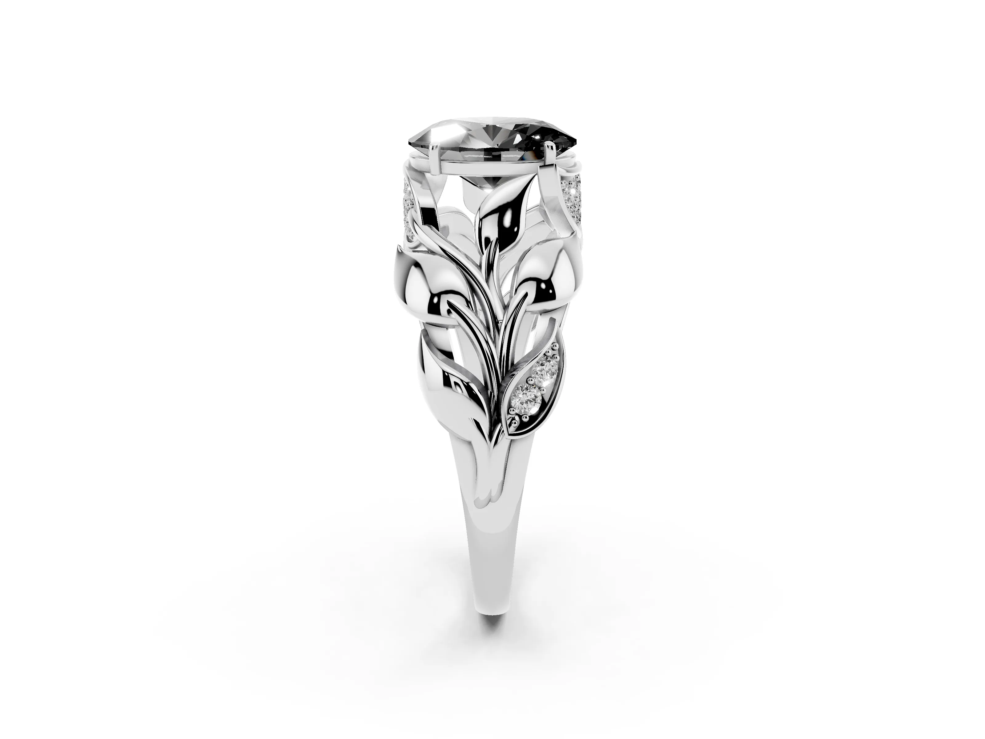 Fancy Black Oval Cut Diamond Leaf-Inspired Engagement Ring Set in White gold with Round Accents