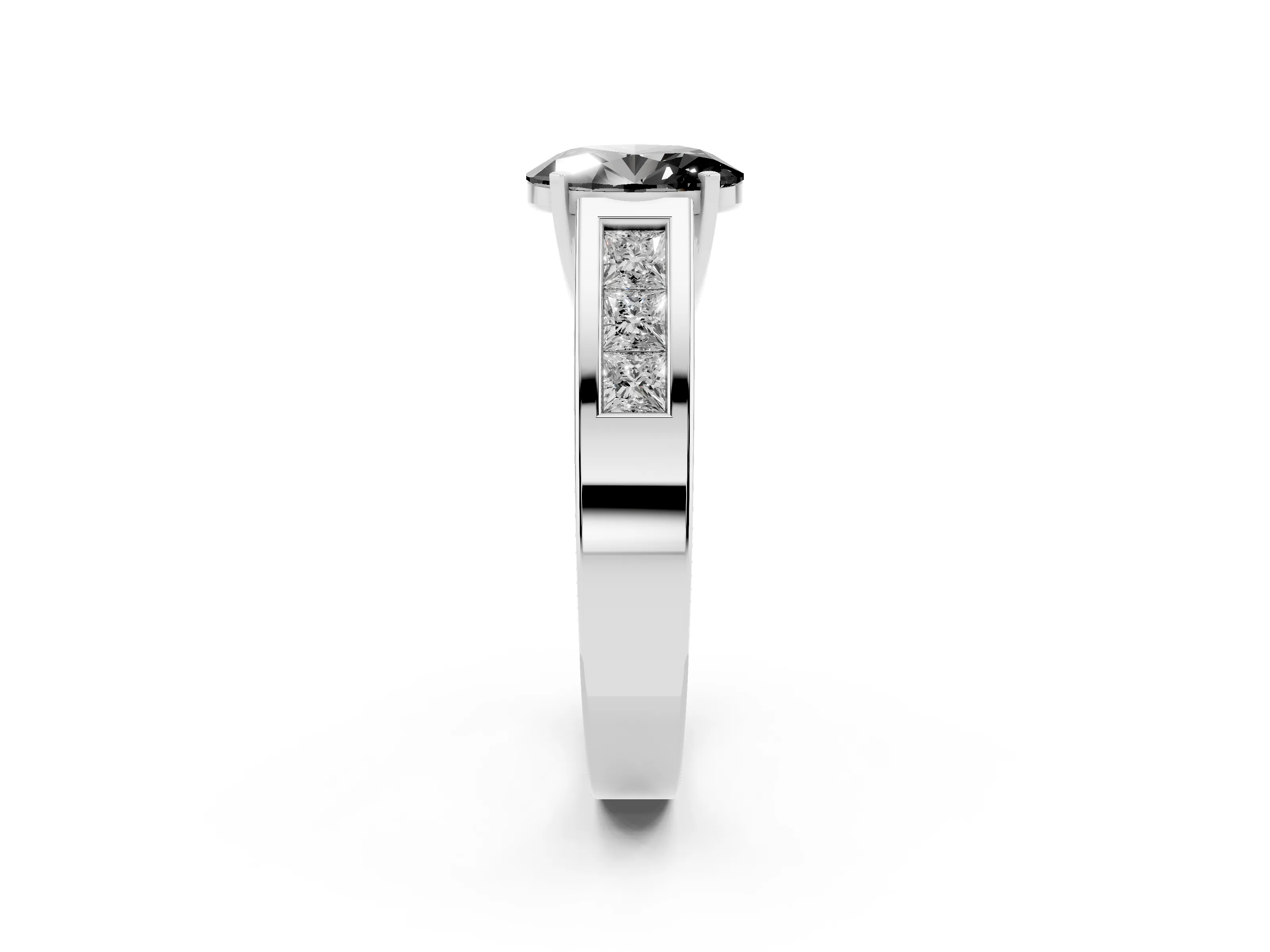 Fancy Black Oval Cut Diamond Solitaire Ring Set in White gold with Channel-Set Accent Stones and Prong Setting