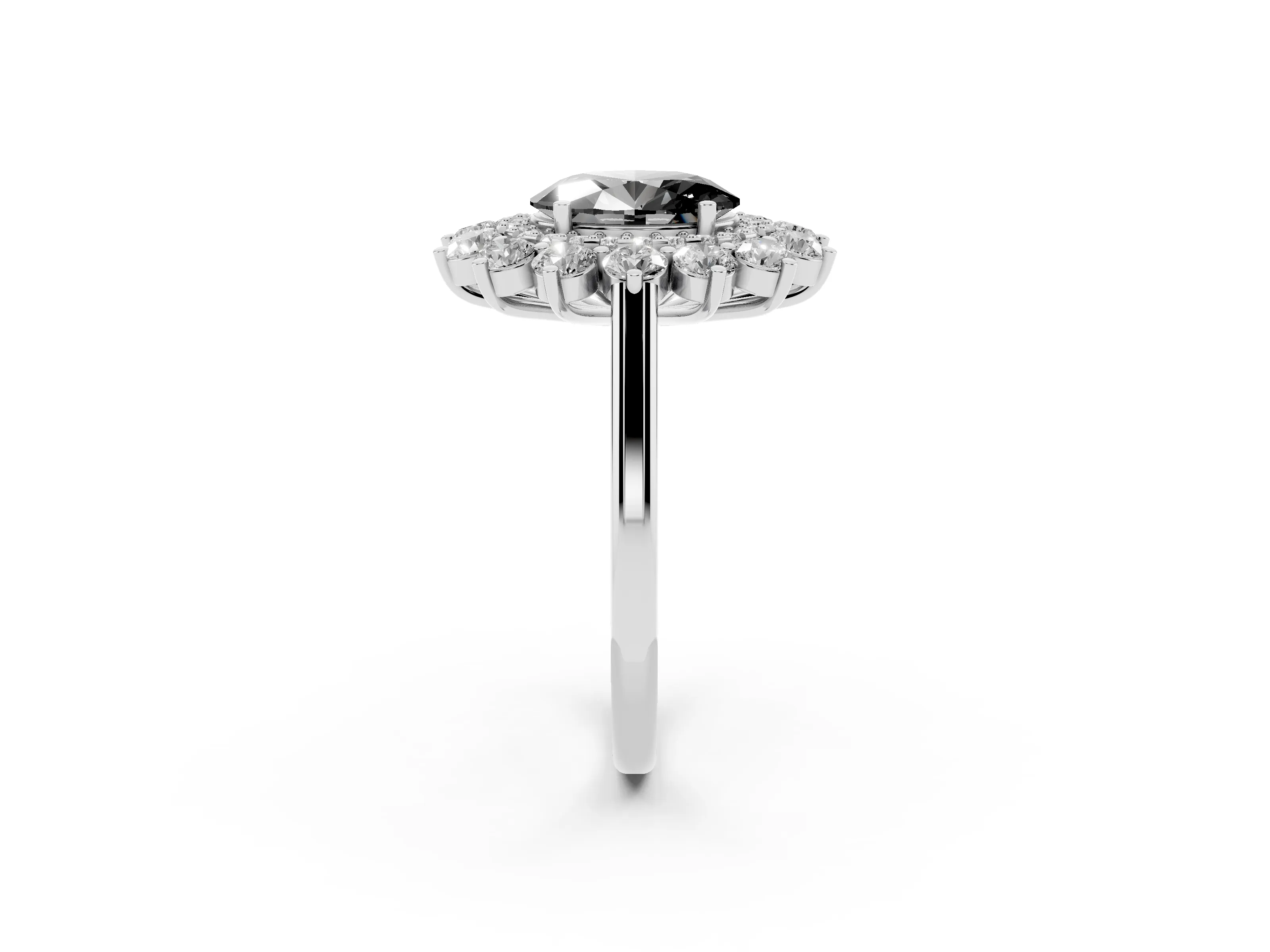 Fancy Black Oval Cut Diamond Floral Double Halo Ring Set in White gold with Round Petals