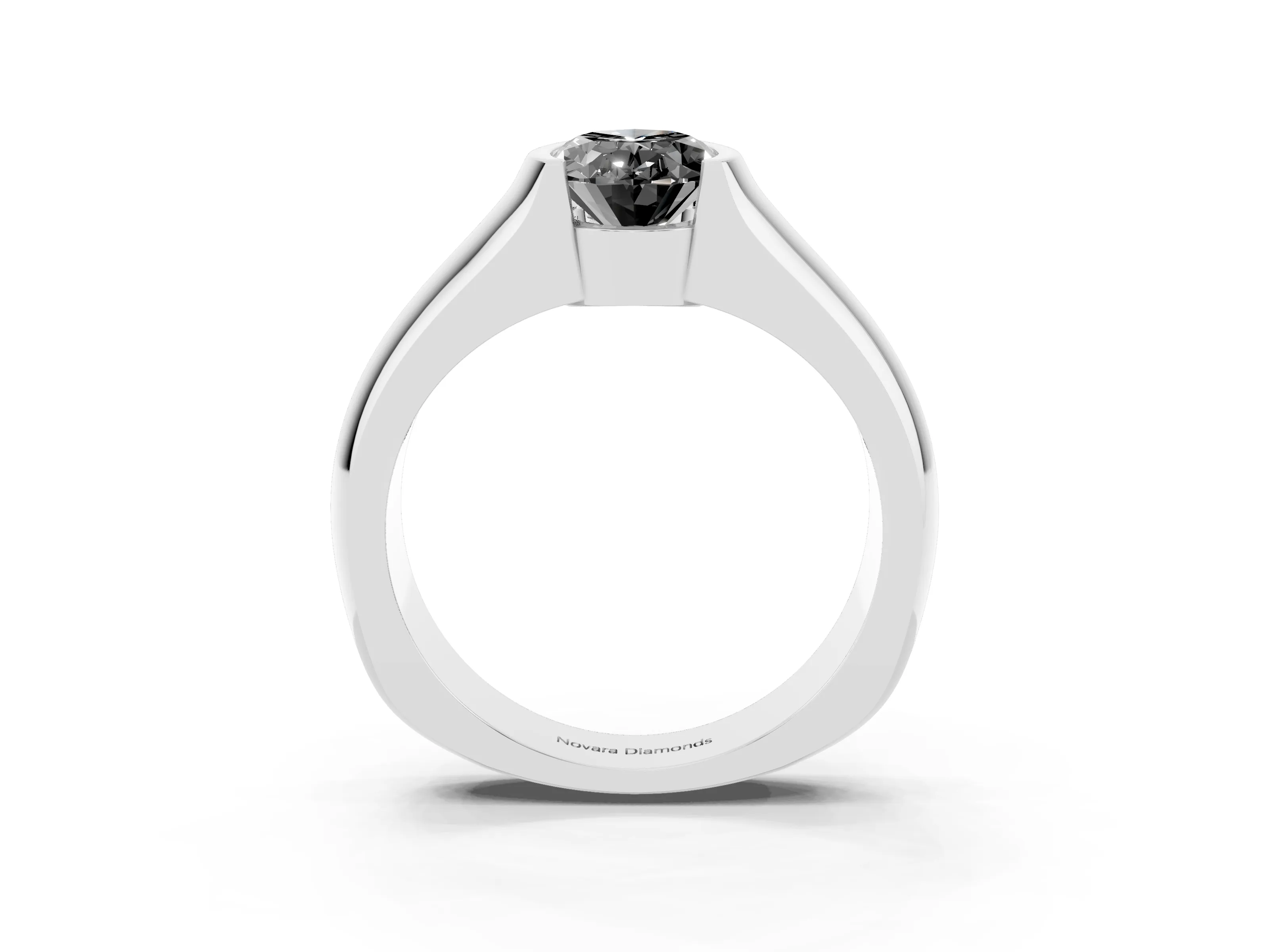 Fancy Black Oval Cut Diamond Bezel Solitaire Ring Set in White gold with Wide Band