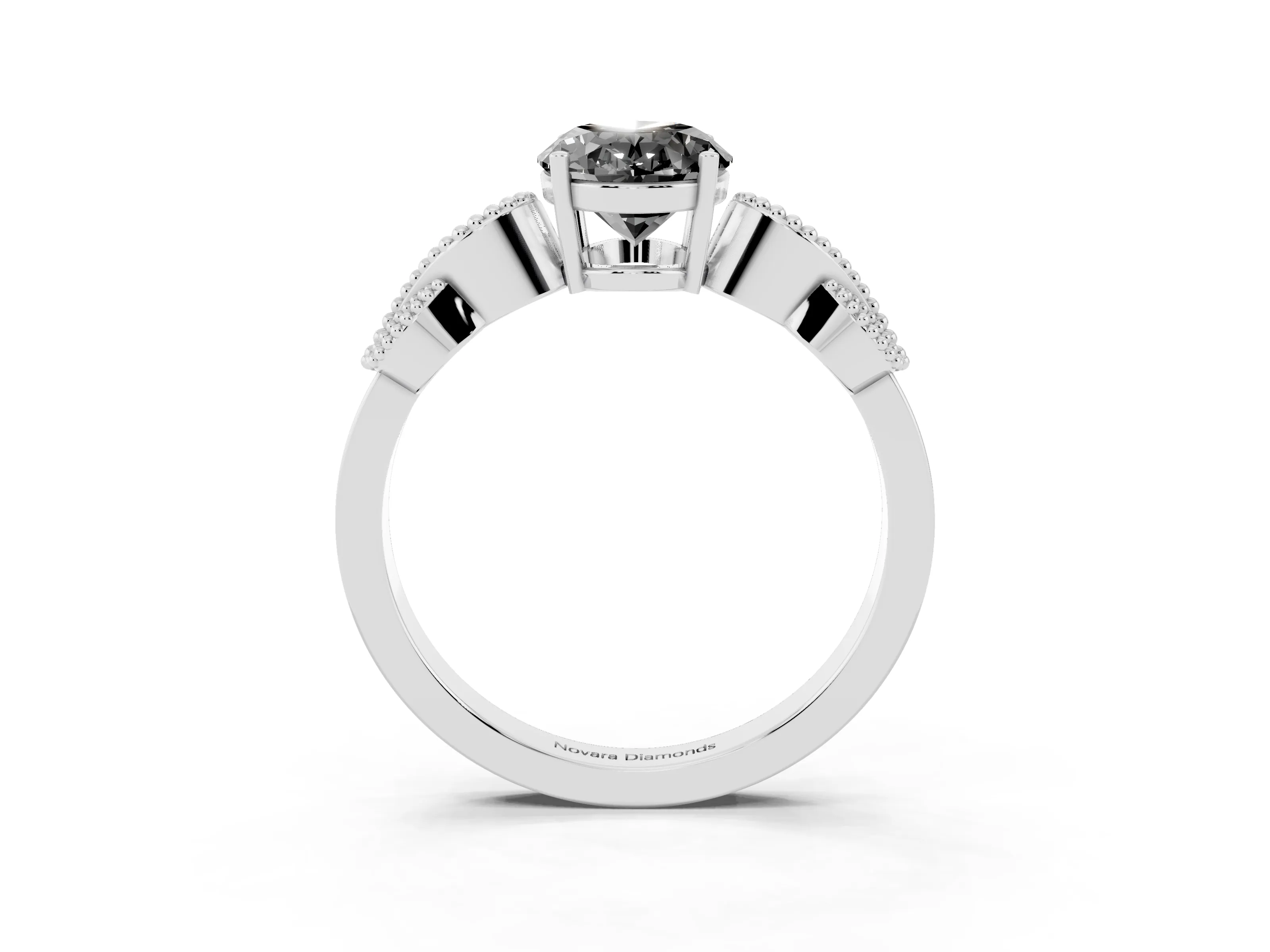 Fancy Black Oval Cut Diamond Milgrain Leaf Band Solitaire Ring Set in White gold with Accent Stones and Prong Setting