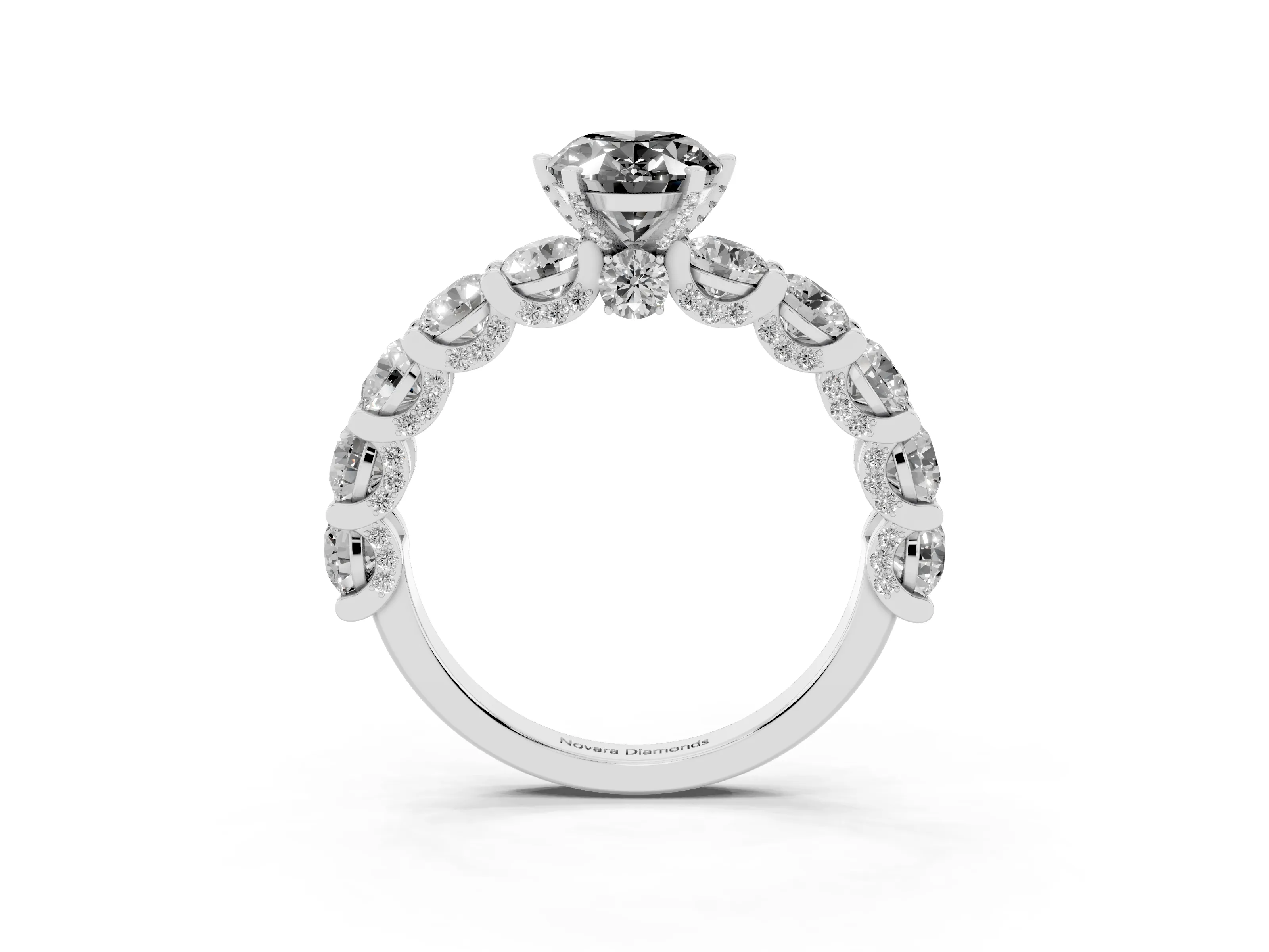 Fancy Black Oval Cut Diamond Side Stone Ring Set in White gold with Alternating Round and Oval Side Stones