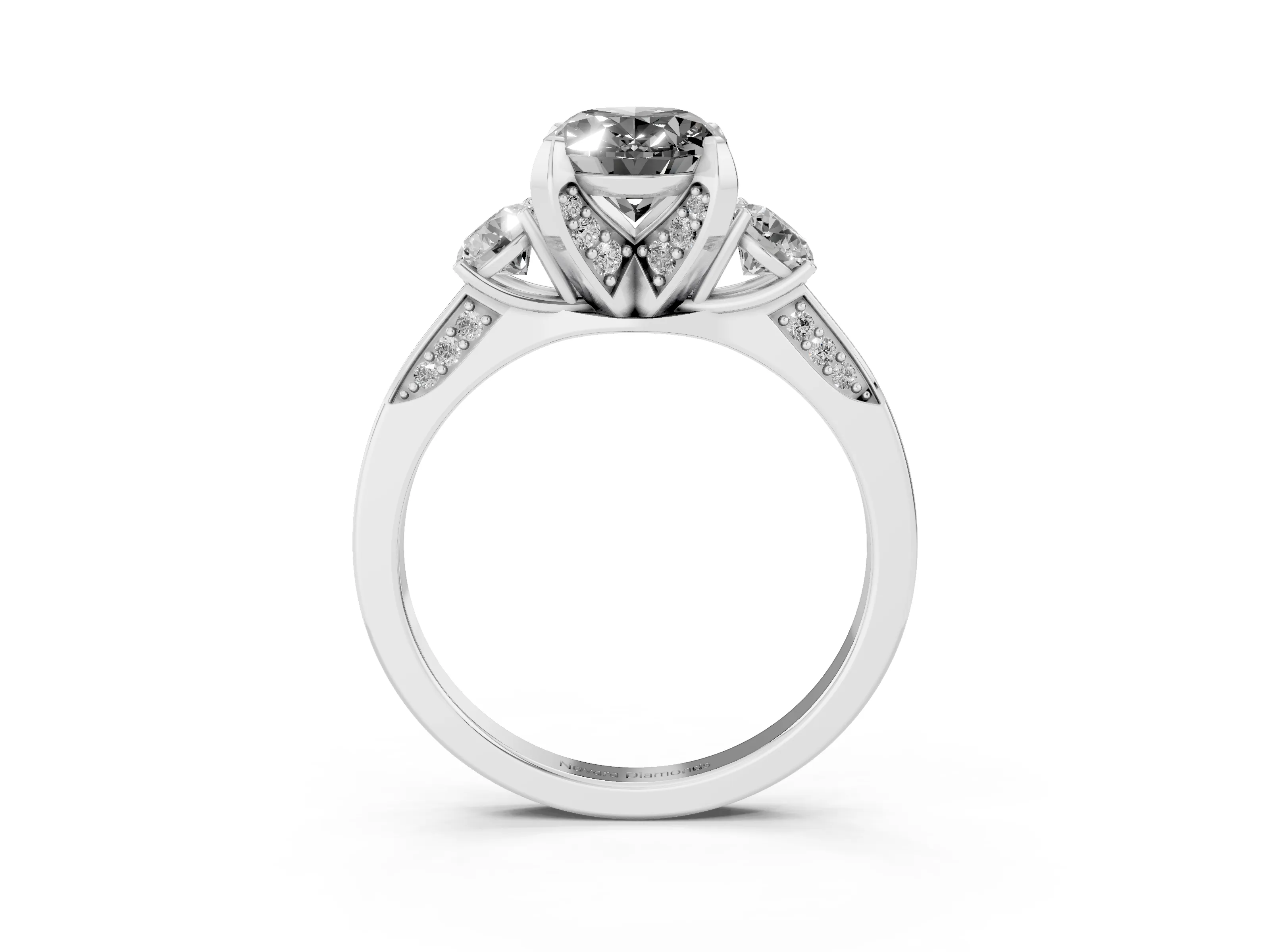 Fancy Black Oval Cut Diamond Three-Stone Ring Set in Platinum with Pavé Band and Smaller Side Stones