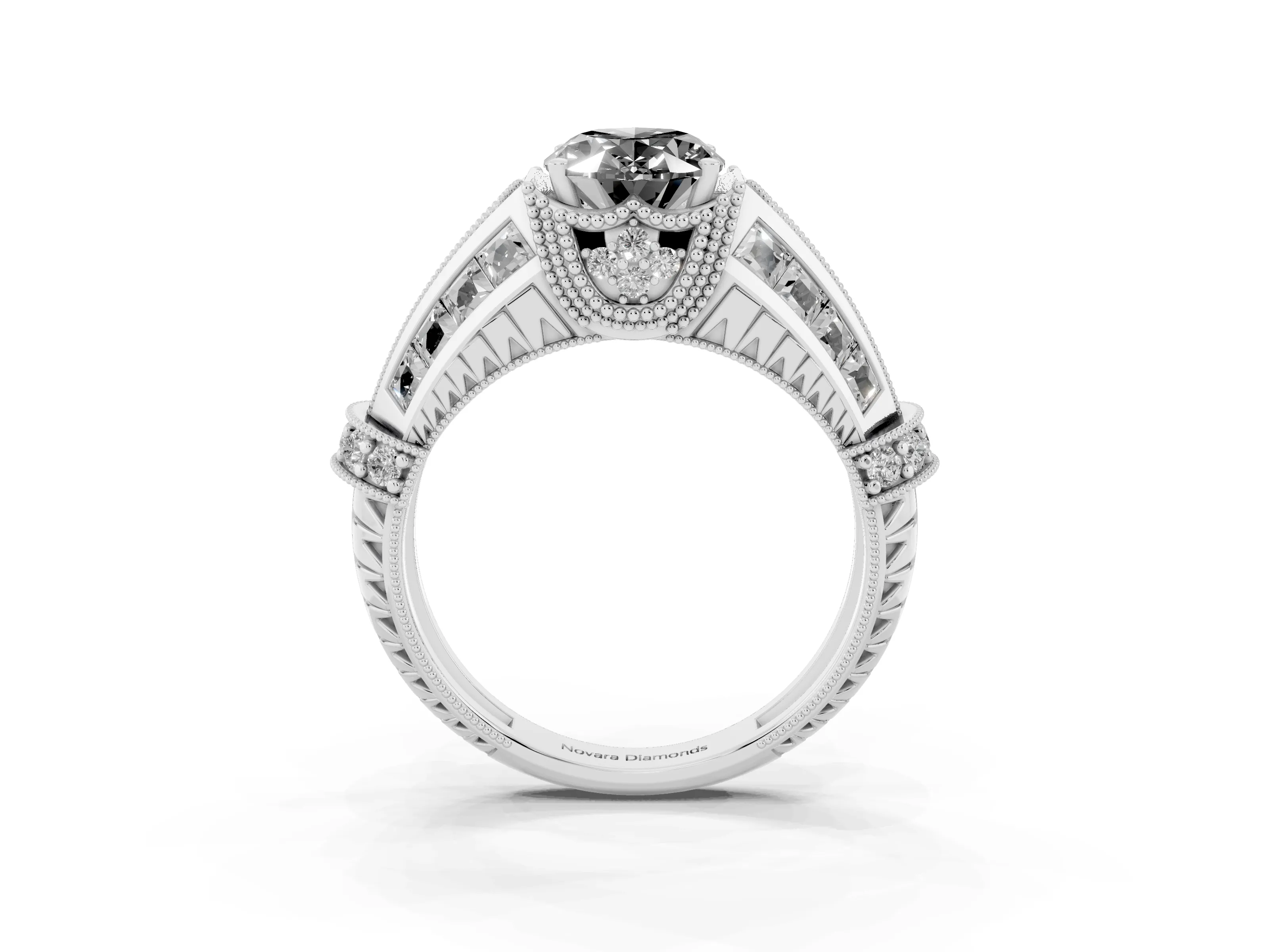 Fancy Black Oval Cut Diamond Vintage-Inspired Milgrain Ring Set in Silver with Accent Split Shank