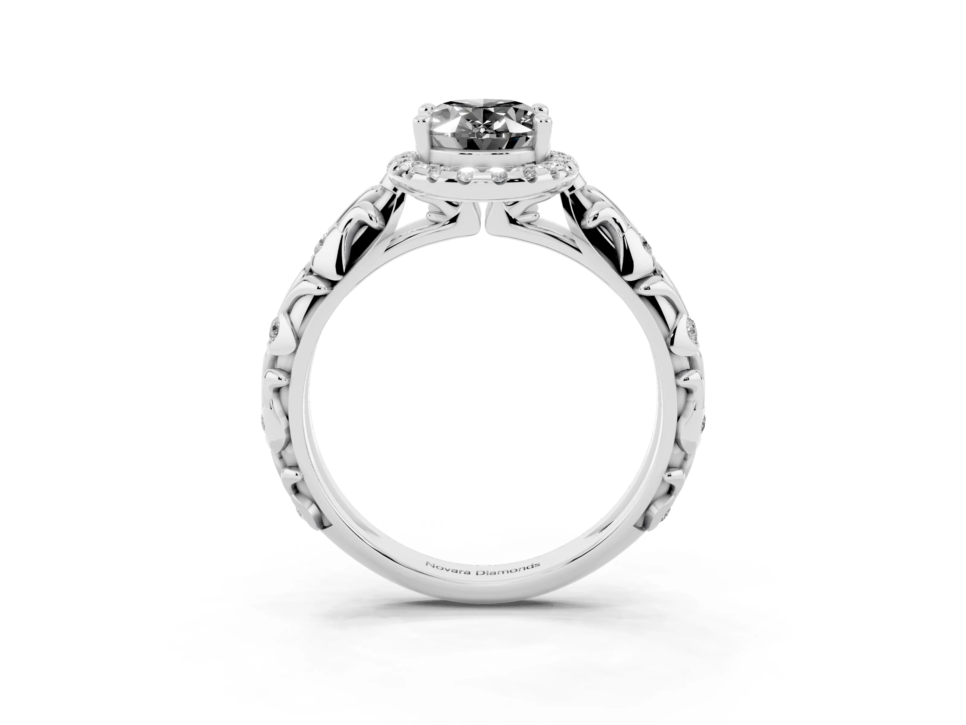 Fancy Black Oval Cut Diamond Halo Ring Set in Silver with Filigree Leaf Band and Prong Setting