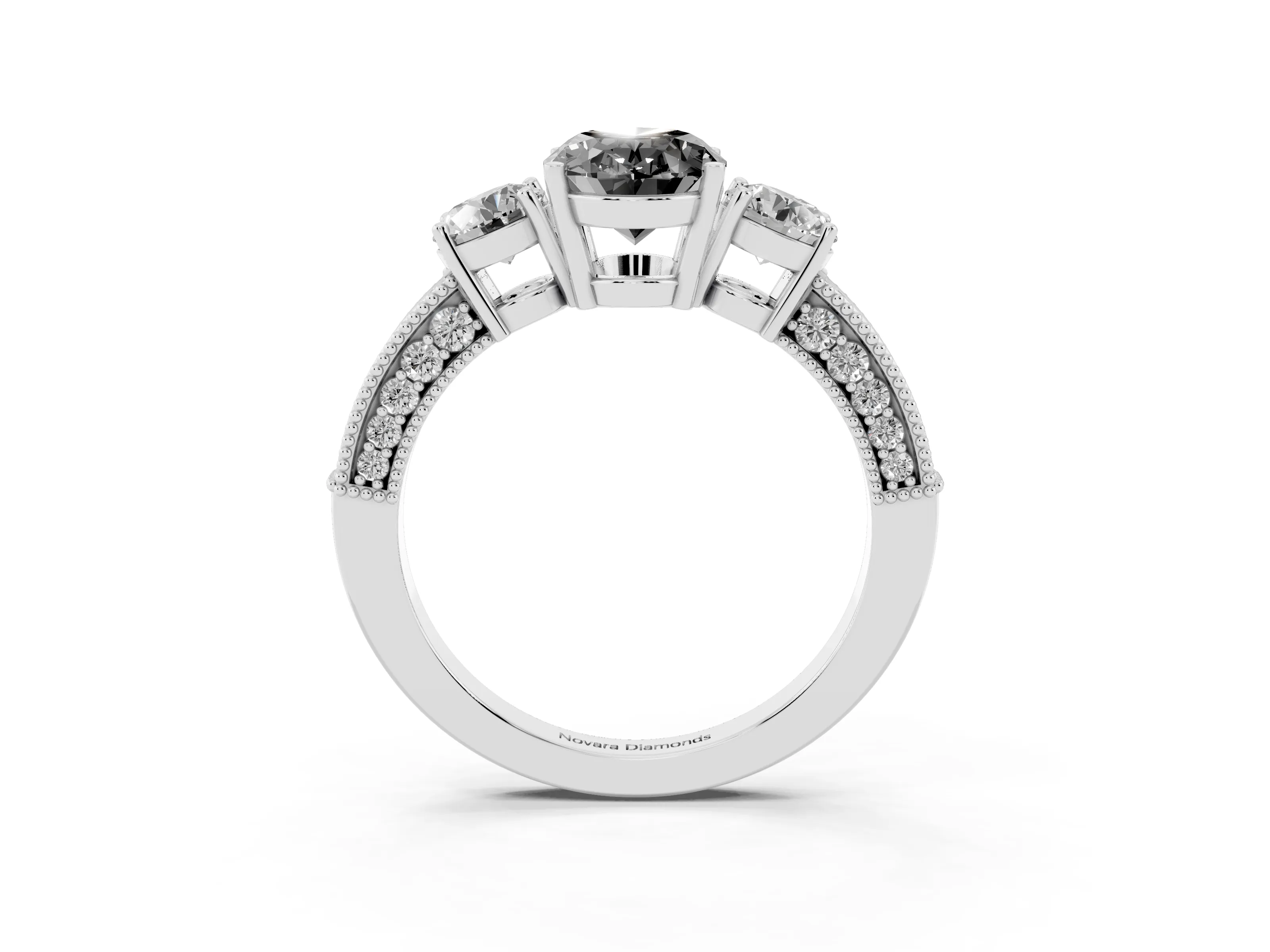 Fancy Black Oval Cut Diamond Three-Stone Ring Set in Silver with Round Side Stones and Pavé Band