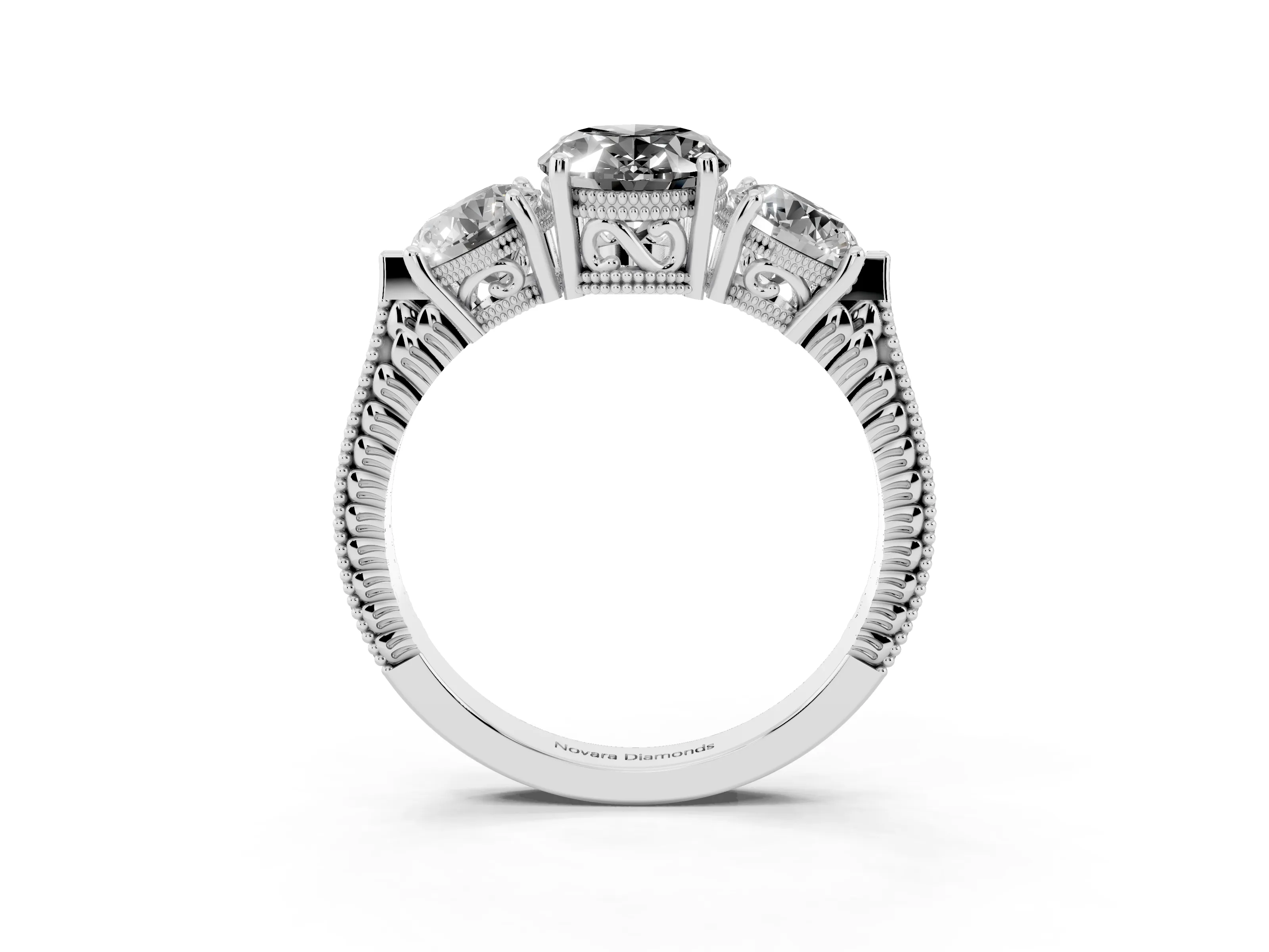 Fancy Black Oval Cut Diamond Three-Stone Ring Set in Silver with Milgrain Band