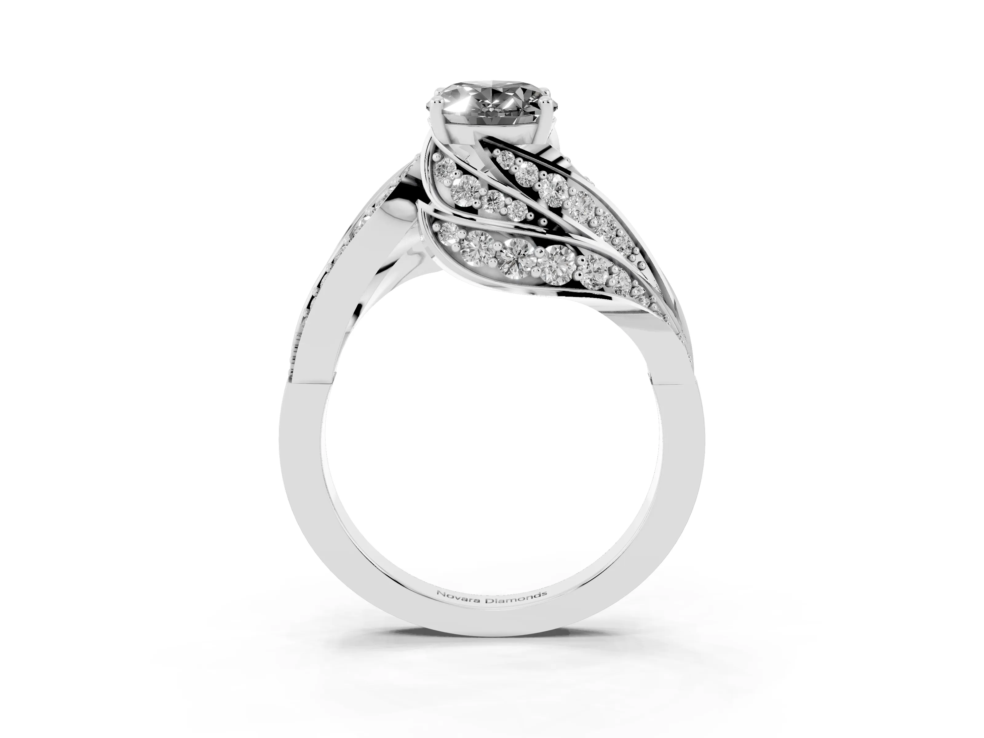 Fancy Black Oval Cut Diamond Solitaire Ring Set in White gold with Layered Twist Pavé Band