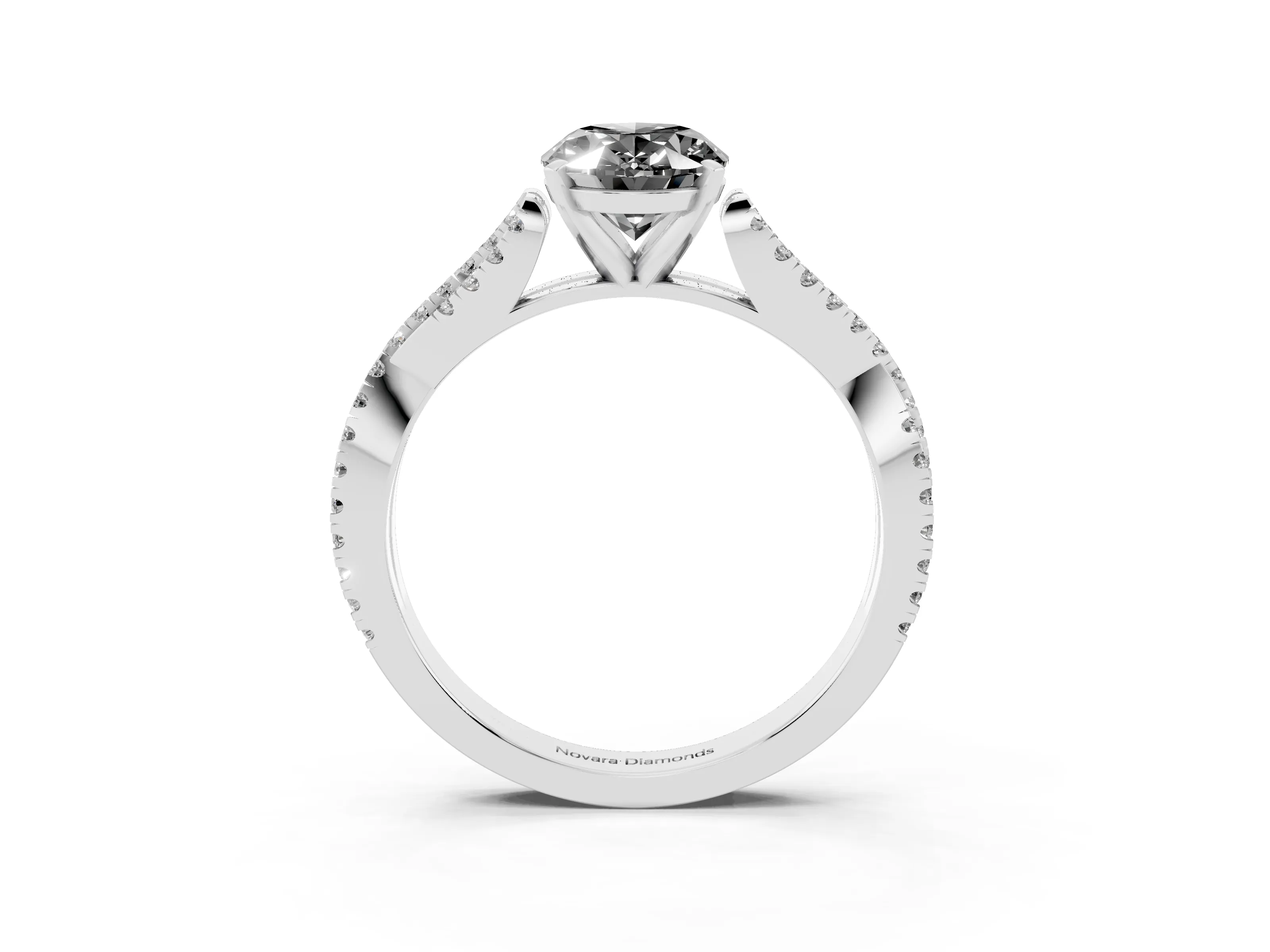 Fancy Black Oval Cut Diamond Solitaire Engagement Ring Set in White gold with Twisted Pavé Band and Prong Setting