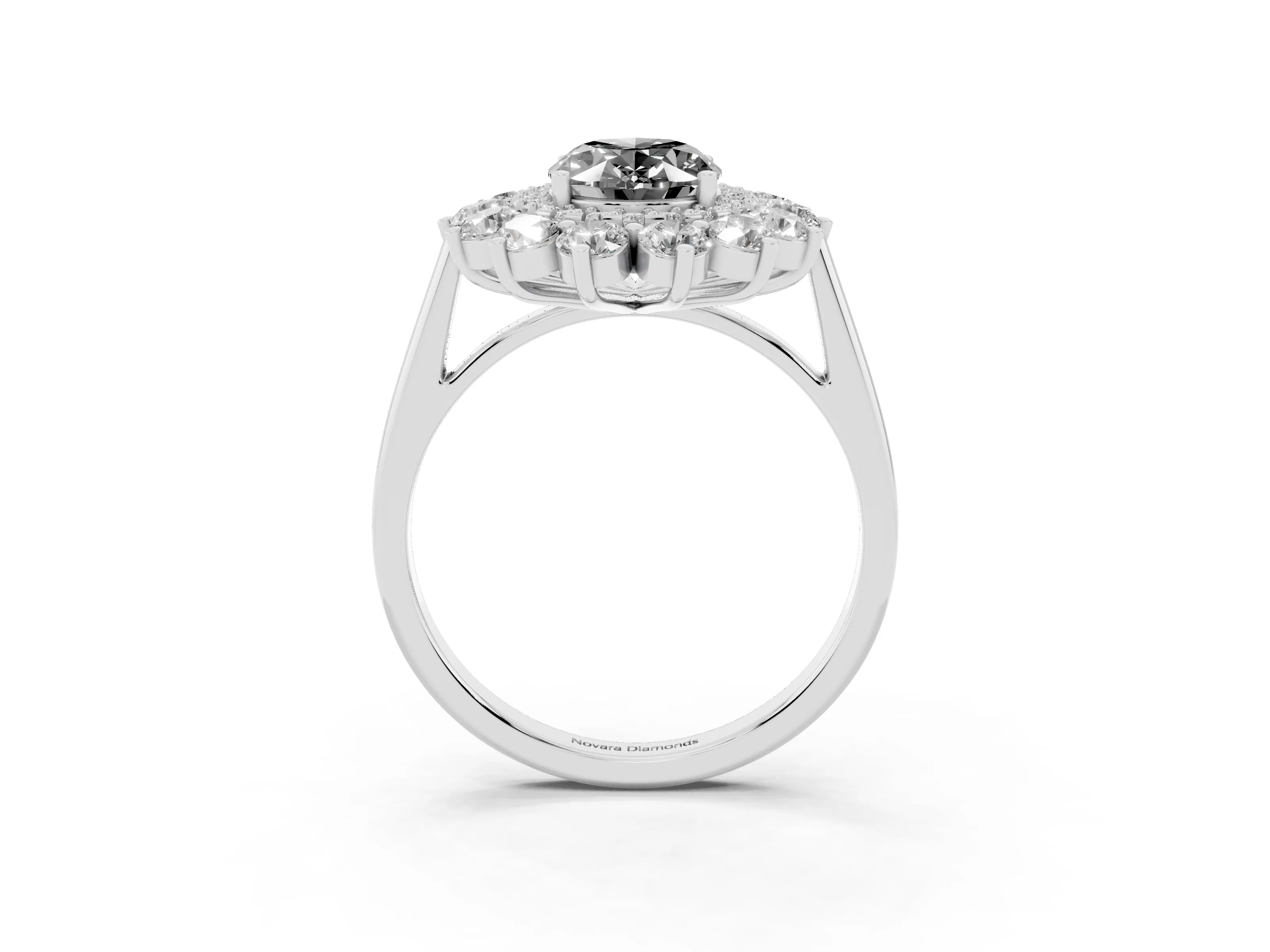 Fancy Black Oval Cut Diamond Floral Double Halo Ring Set in White gold with Round Petals