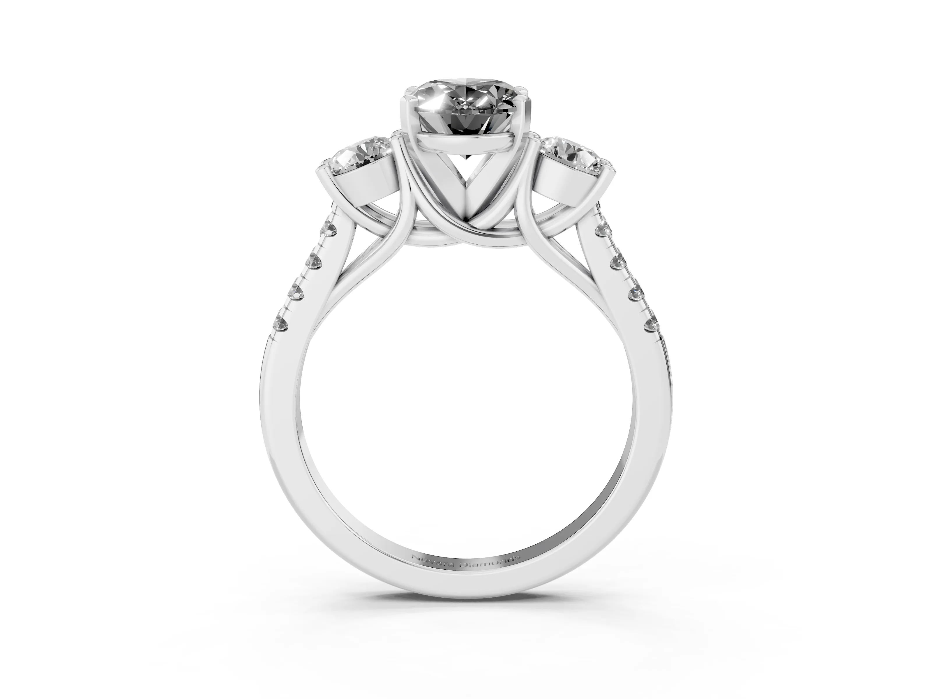 Fancy Black Three-Stone Oval Cut Diamond Pavé Band Ring Set in White gold with Prong-Set Trio