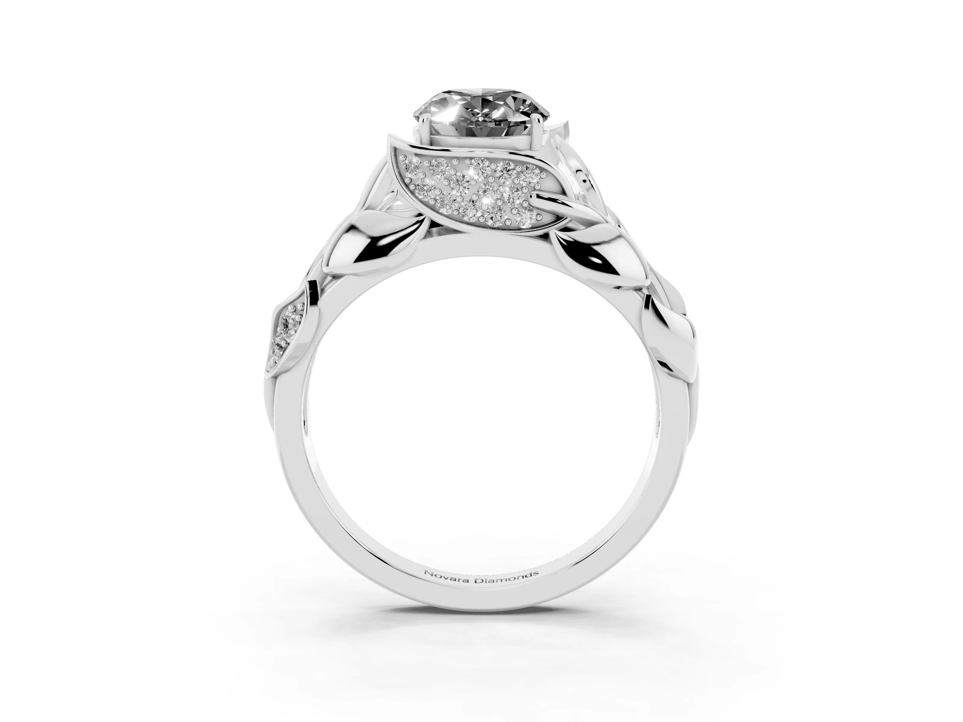 Fancy Black Oval Cut Diamond Leaf-Inspired Engagement Ring Set in White gold with Round Accents