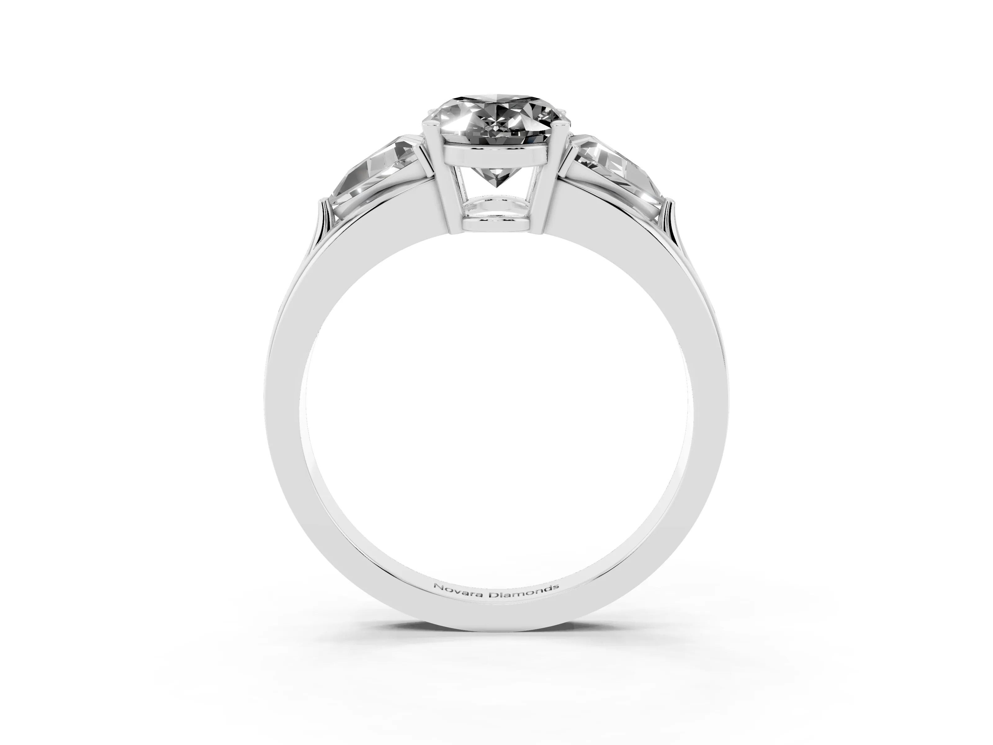 Fancy Black Oval Cut Diamond Three-Stone Ring Set in White gold with Trillion Side Stones and Split Shank