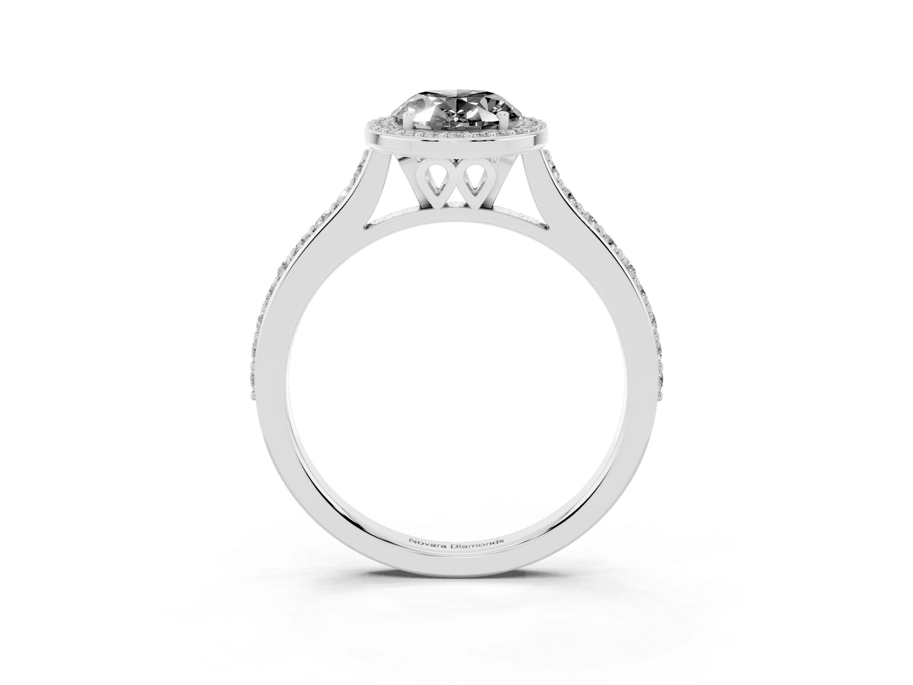 Fancy Black Oval Cut Diamond Halo Engagement Ring Set in White gold with Round Pavé Shoulders and Heart Gallery