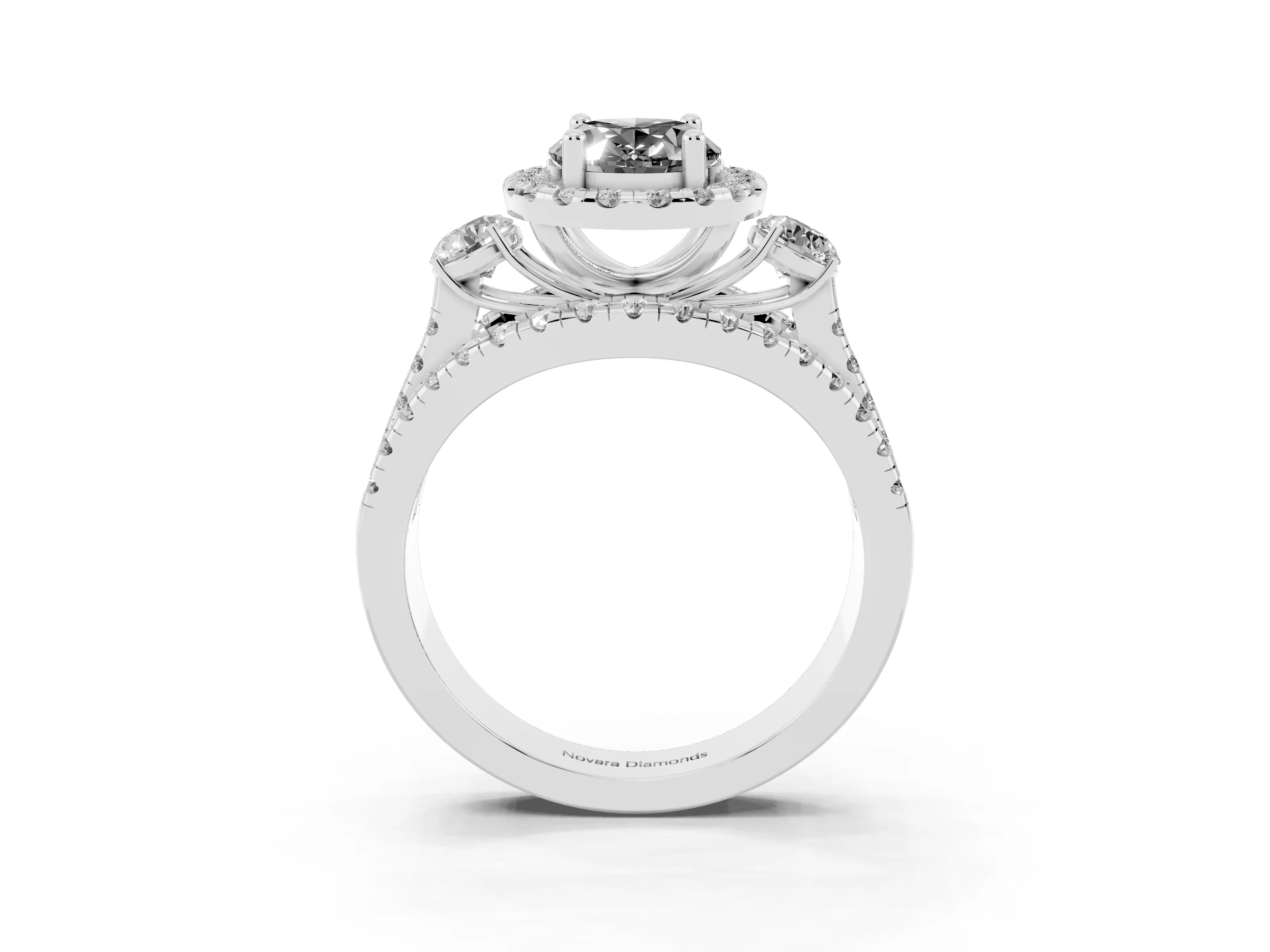 Fancy Black Oval Cut Diamond Halo Split Shank Ring Set in Platinum with Round Accent Stones and Prong Setting