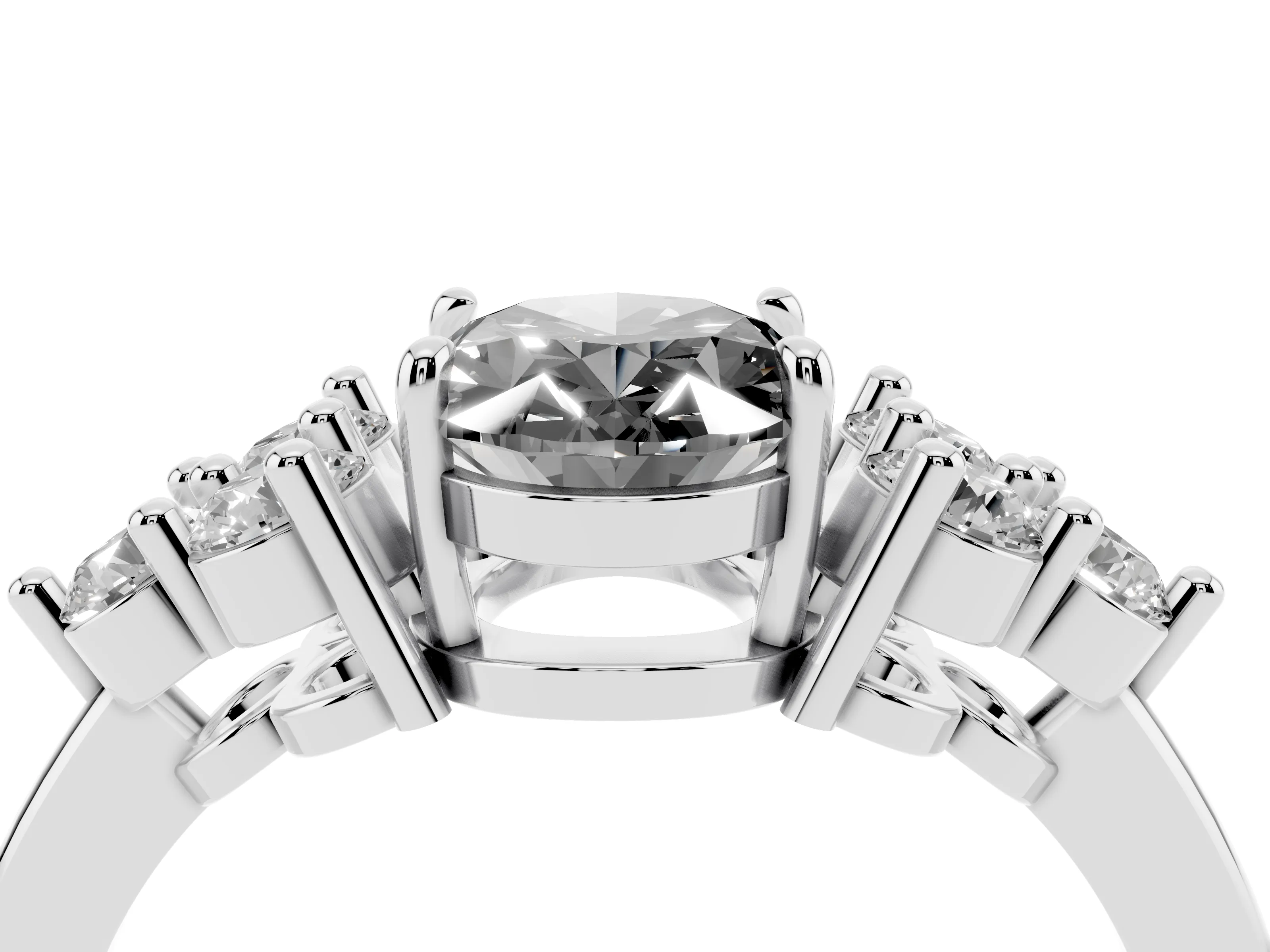 Fancy Black Oval Cut Diamond Solitaire Ring Set in Silver with Cluster Accents on Each Side