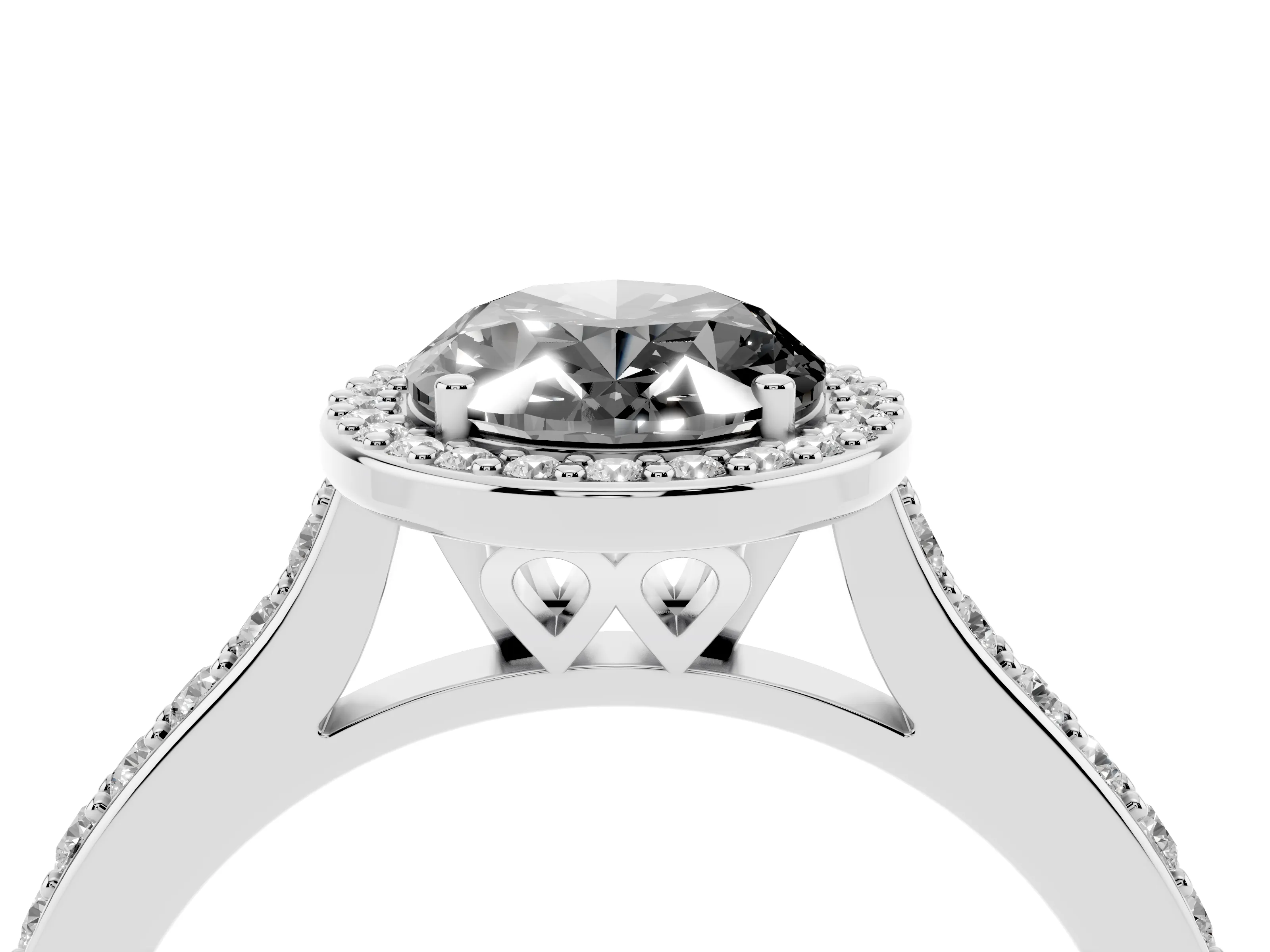 Fancy Black Oval Cut Diamond Halo Engagement Ring Set in White gold with Round Pavé Shoulders and Heart Gallery