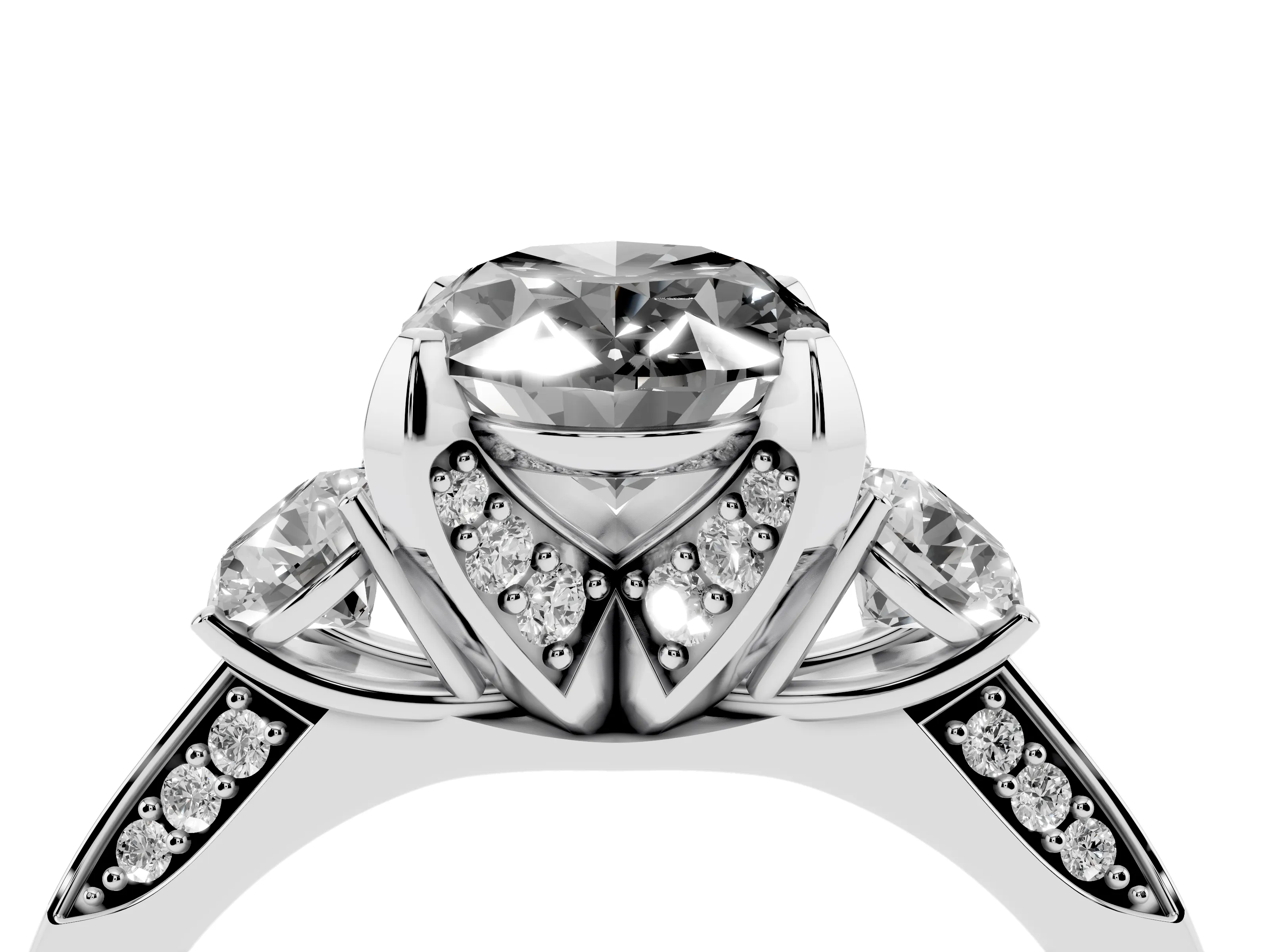 Fancy Black Oval Cut Diamond Three-Stone Ring Set in Platinum with Pavé Band and Smaller Side Stones
