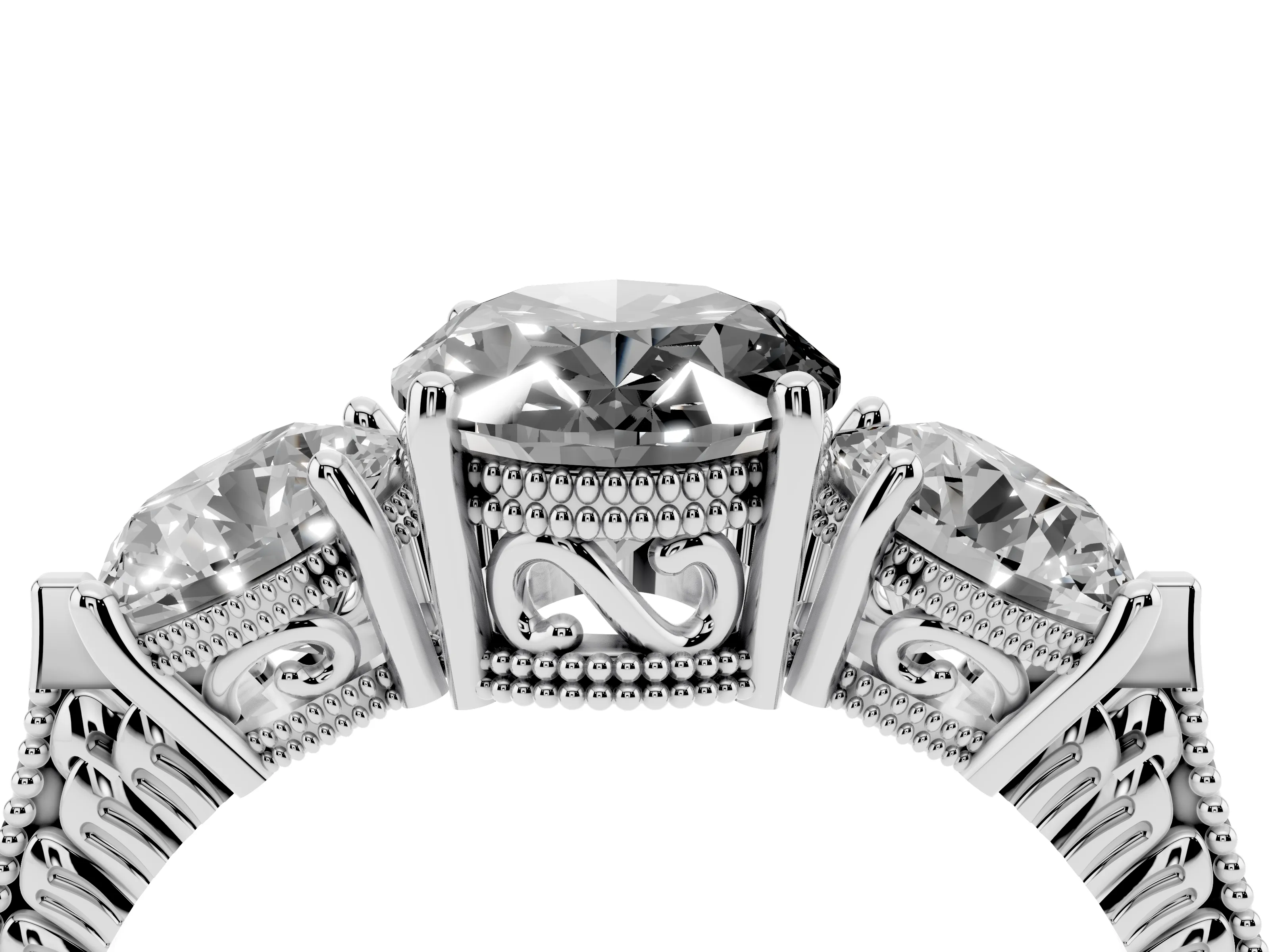 Fancy Black Oval Cut Diamond Three-Stone Ring Set in Silver with Milgrain Band