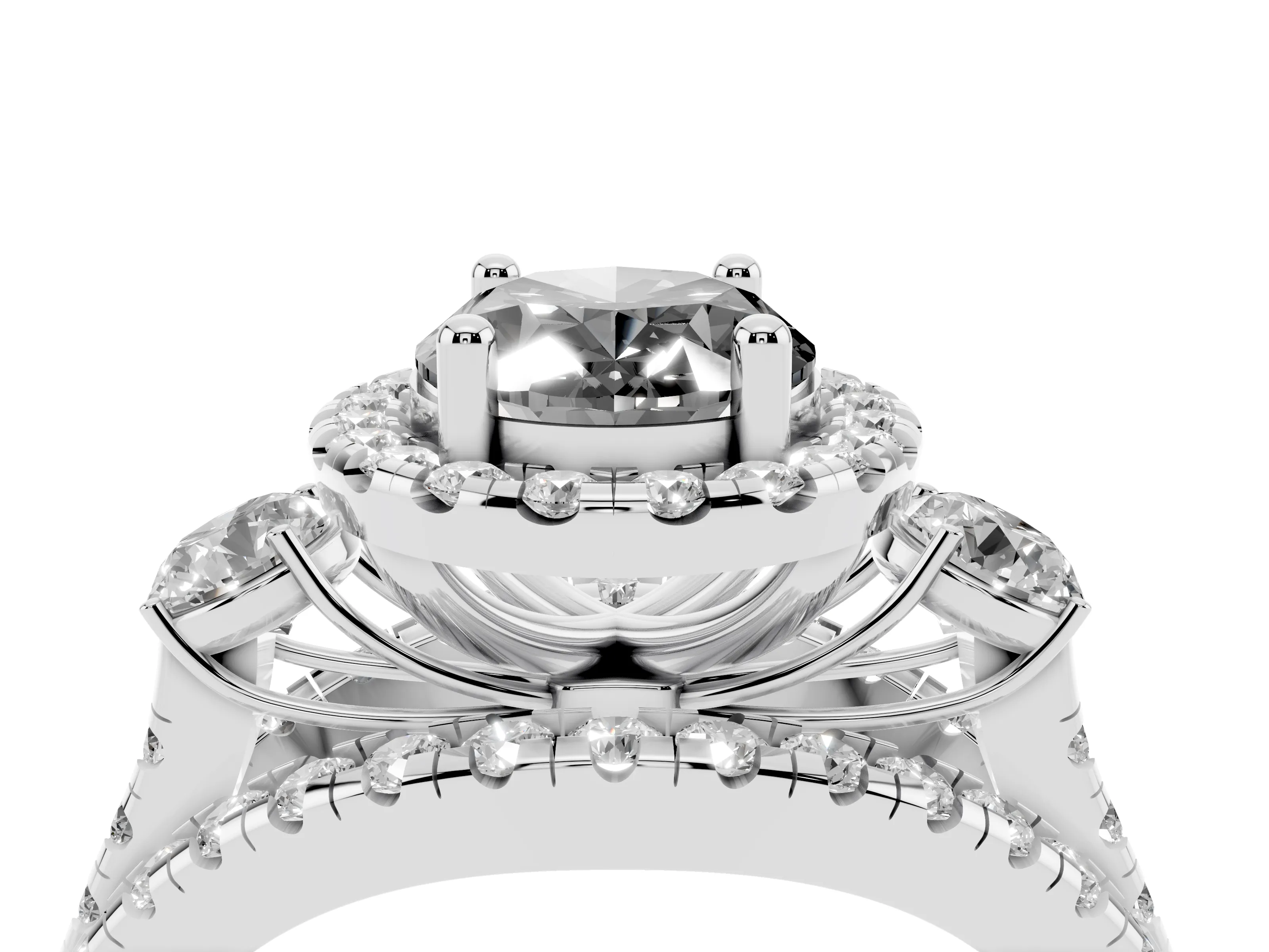 Fancy Black Oval Cut Diamond Halo Split Shank Ring Set in Platinum with Round Accent Stones and Prong Setting