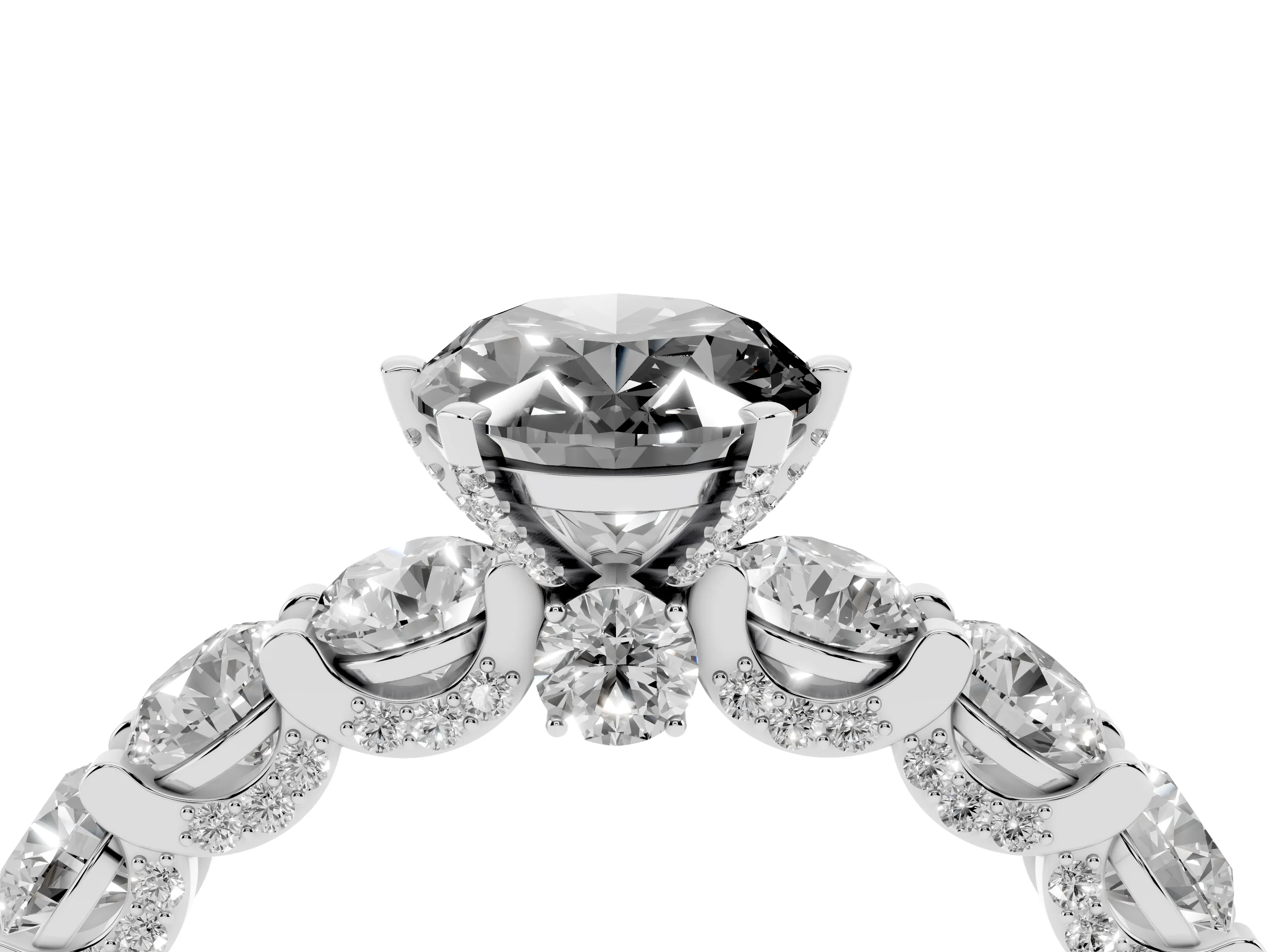 Fancy Black Oval Cut Diamond Side Stone Ring Set in White gold with Alternating Round and Oval Side Stones