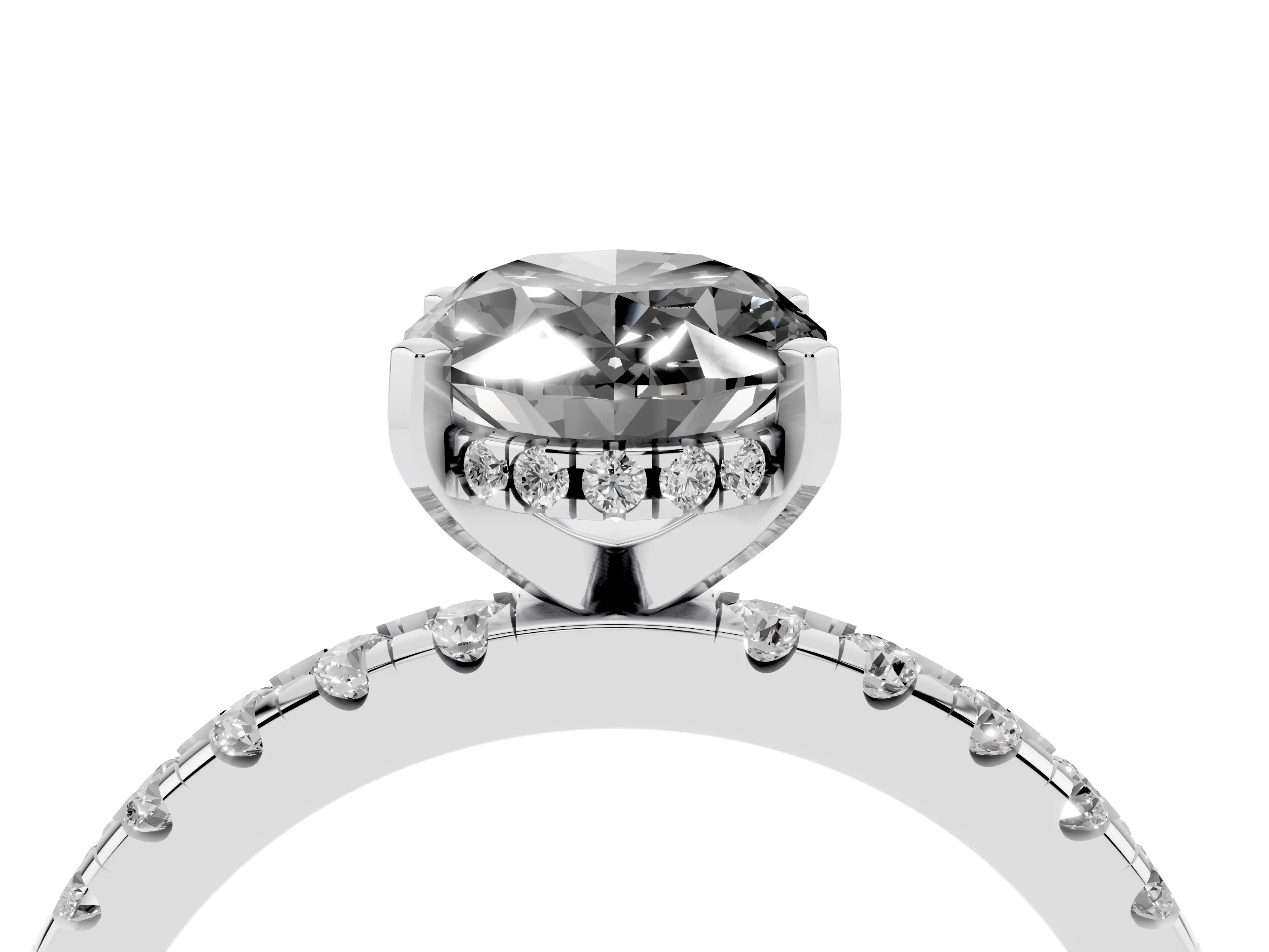 Fancy Black Oval Cut Diamond Pavé Solitaire Ring Set in Silver with Round Band Accents and Prong Setting