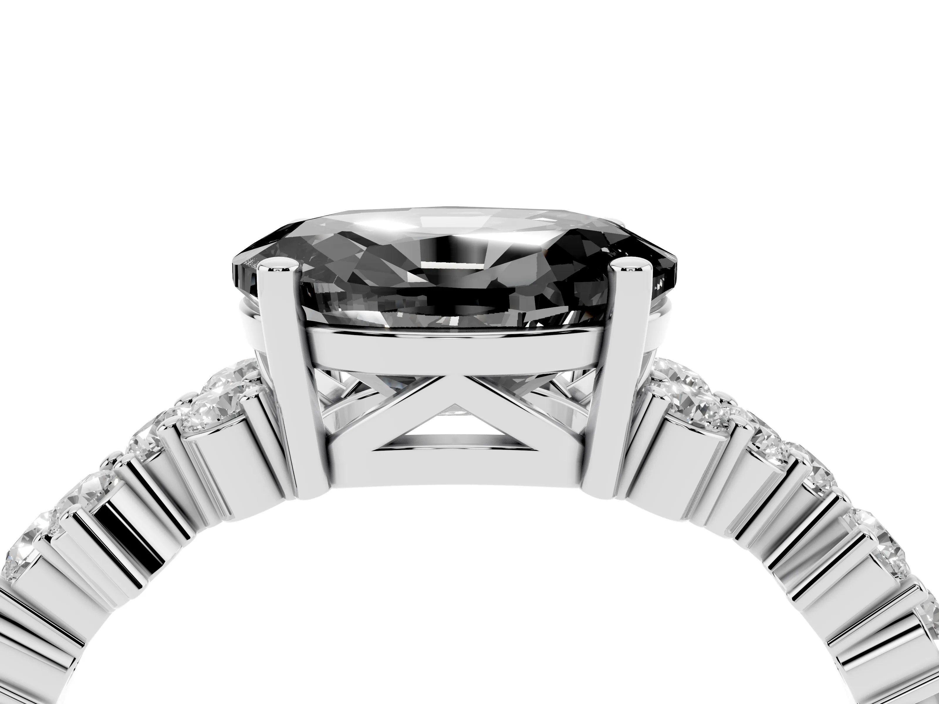 Fancy Black Oval Cut Diamond Ring Set in Silver with Scattered Round Accents