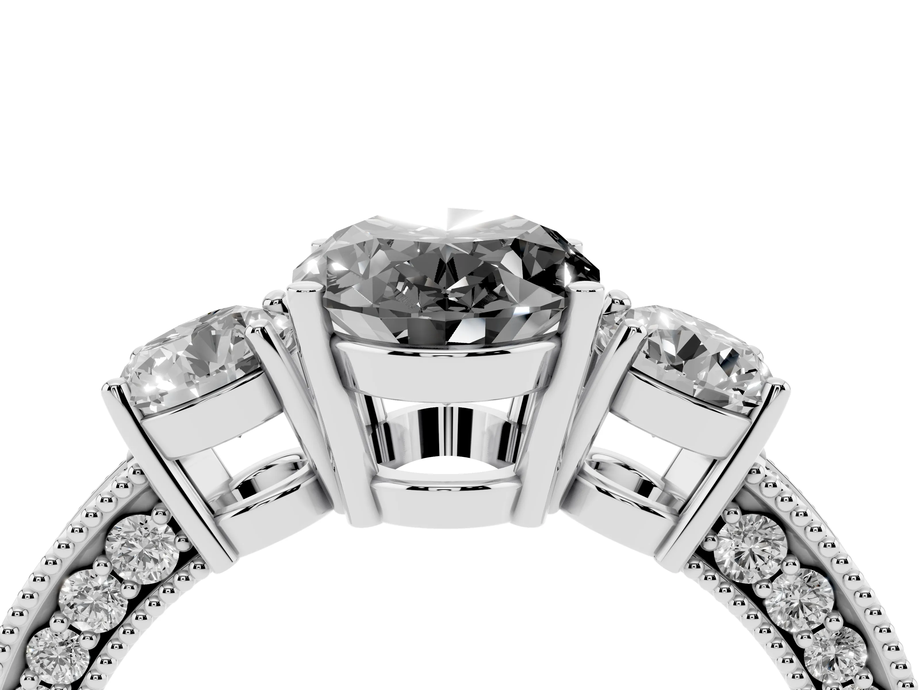 Fancy Black Oval Cut Diamond Three-Stone Ring Set in Silver with Round Side Stones and Pavé Band