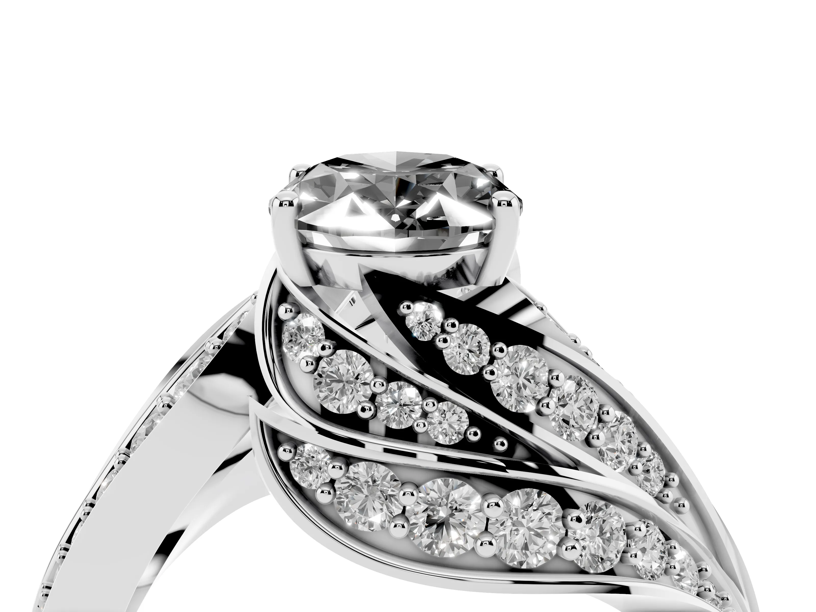 Fancy Black Oval Cut Diamond Solitaire Ring Set in White gold with Layered Twist Pavé Band