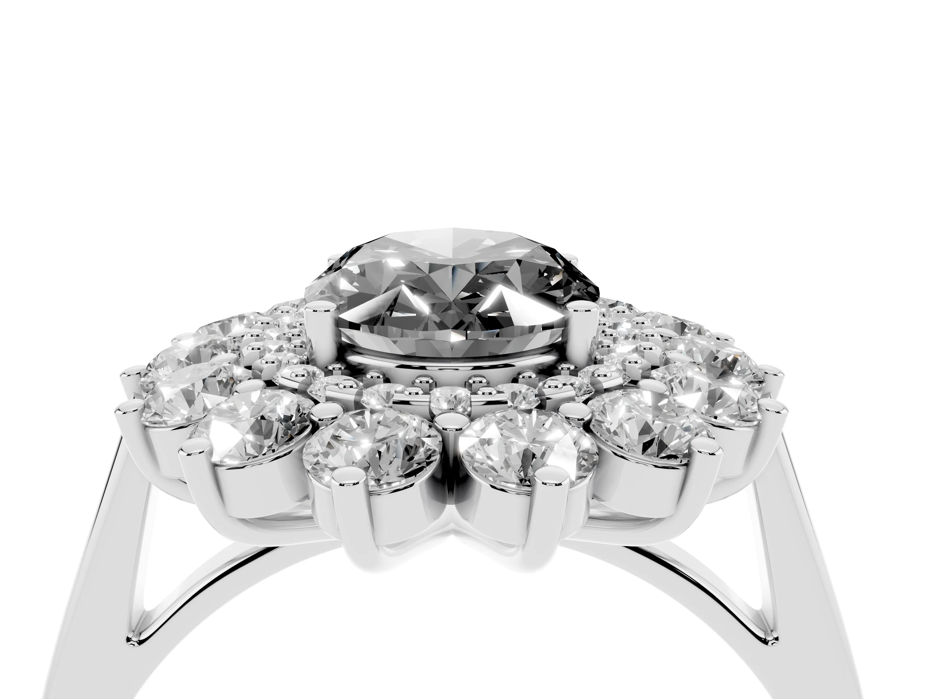 Fancy Black Oval Cut Diamond Floral Double Halo Ring Set in White gold with Round Petals