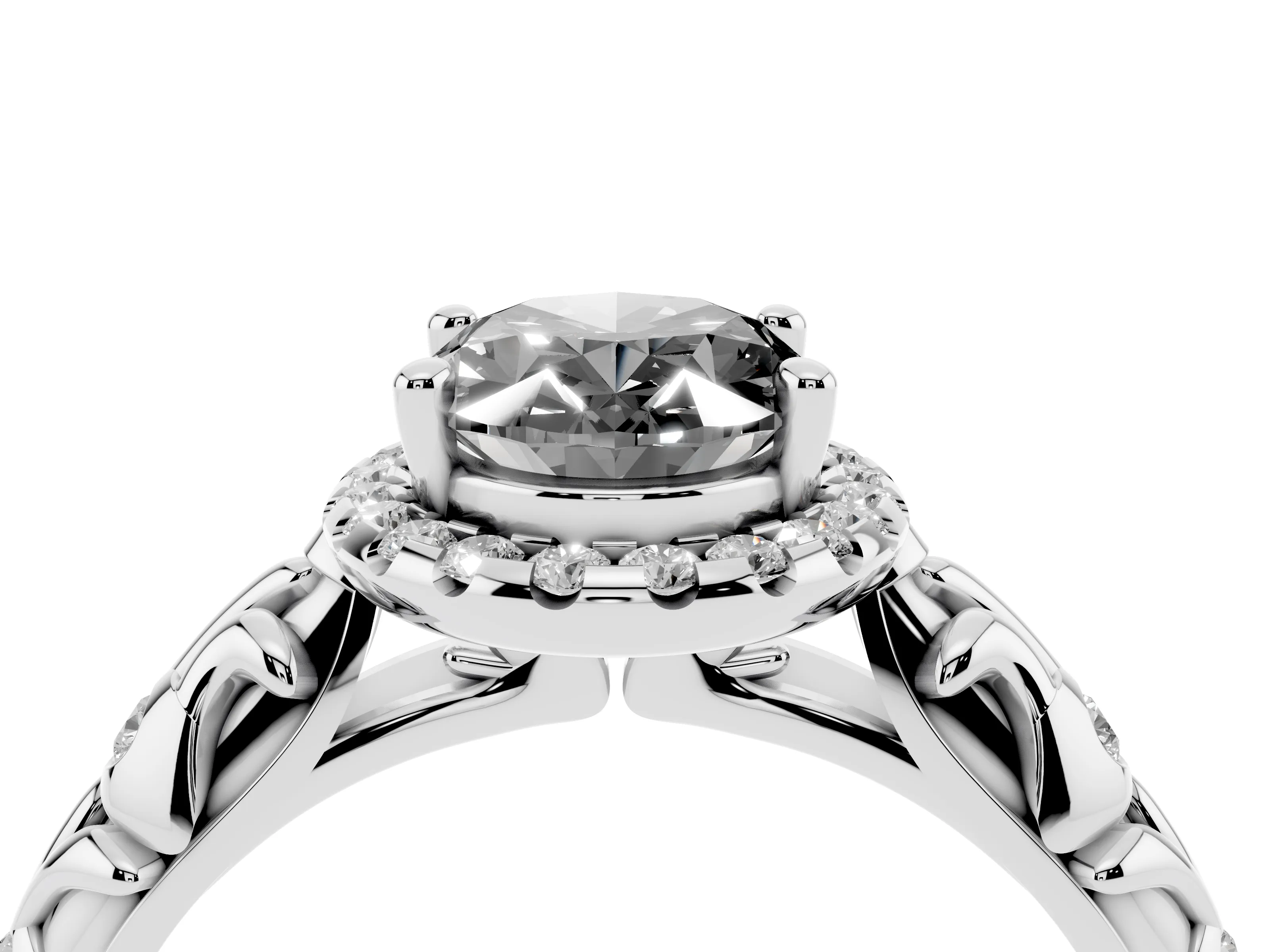 Fancy Black Oval Cut Diamond Halo Ring Set in Silver with Filigree Leaf Band and Prong Setting