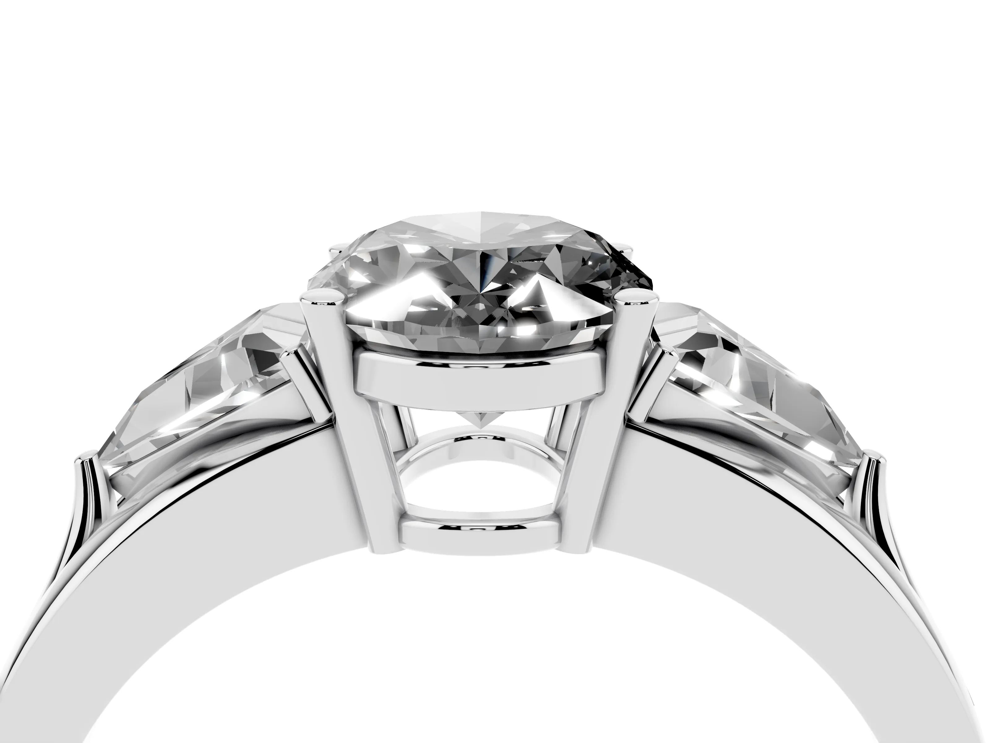 Fancy Black Oval Cut Diamond Three-Stone Ring Set in White gold with Trillion Side Stones and Split Shank